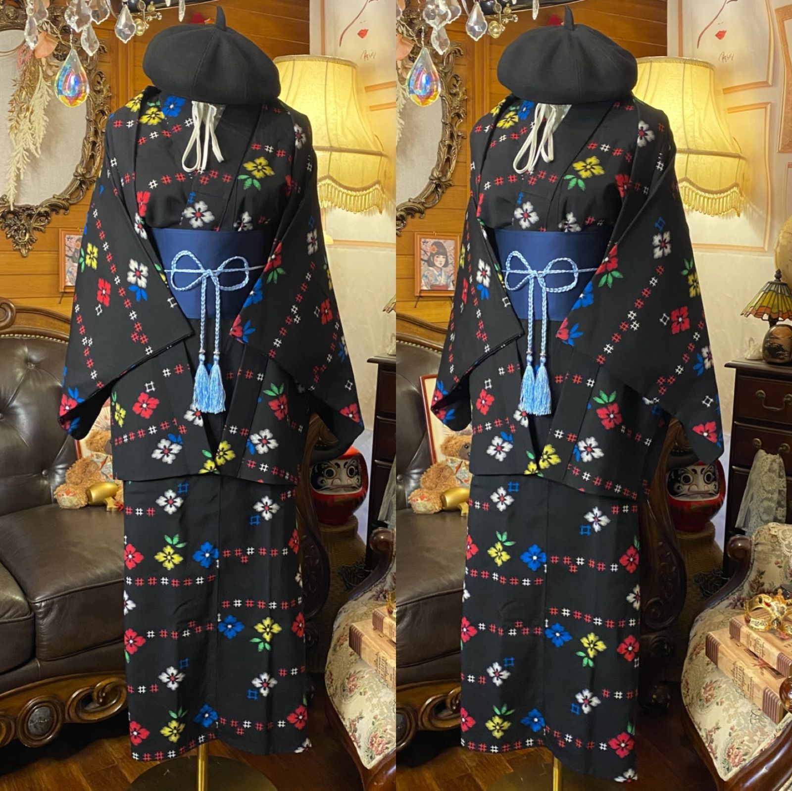 和洋折衷ロングワンピース 着物アンサンブル 帯サッシュベルト付き ハンドメイド レトロ 古着 万華鏡の煌めき aKW-120