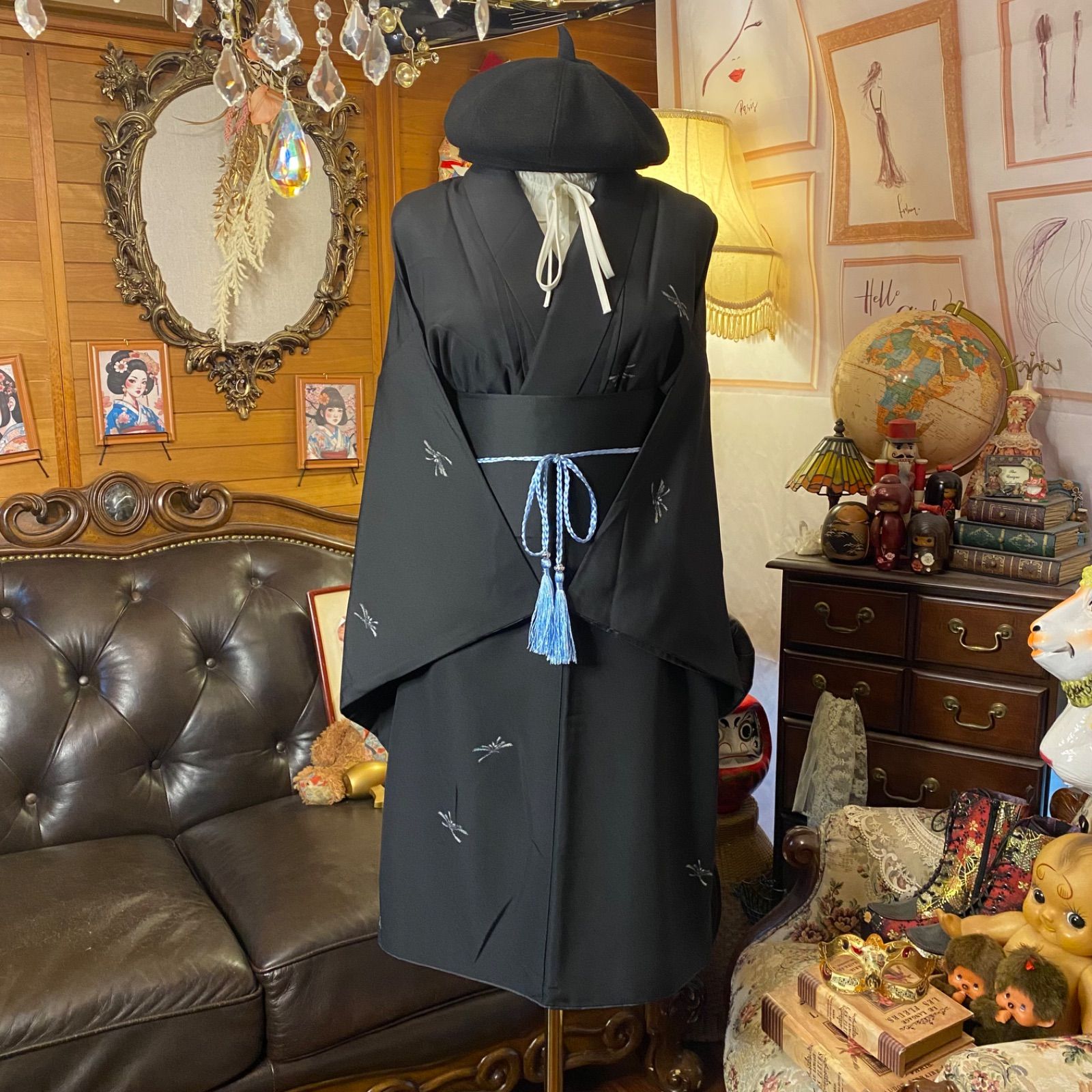 着物リメイク ミニミディワンピース ドレス 洗える 化繊 帯サッシュベルト 和洋折衷 レトロ 古着 ハンドメイド 月光の優雅 KW-1183