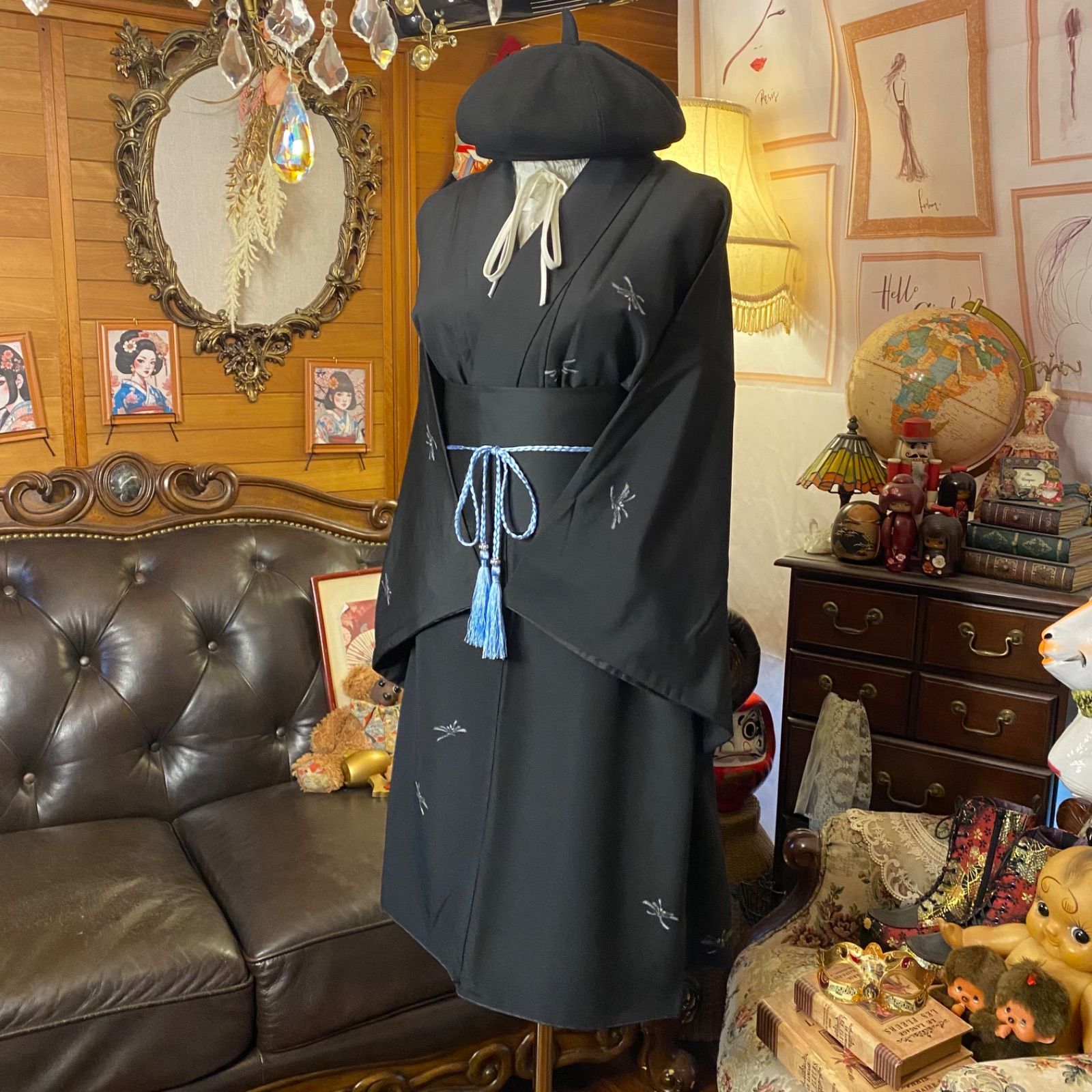  着物リメイク ミニミディワンピース ドレス 洗える 化繊 帯サッシュベルト 和洋折衷 レトロ 古着 ハンドメイド 月光の優雅 KW 1183 ワンピース チュニック ファッション