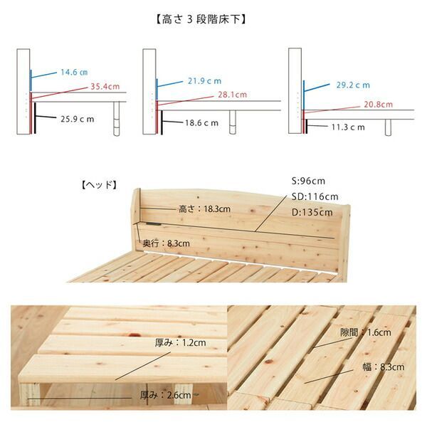 日本製 ひのきベッド 棚/コンセント付き天然木 檜 3段階 高さ調節 ヒノキ 棚付き シングル 丈夫 耐久性 ハイグレードタイプ