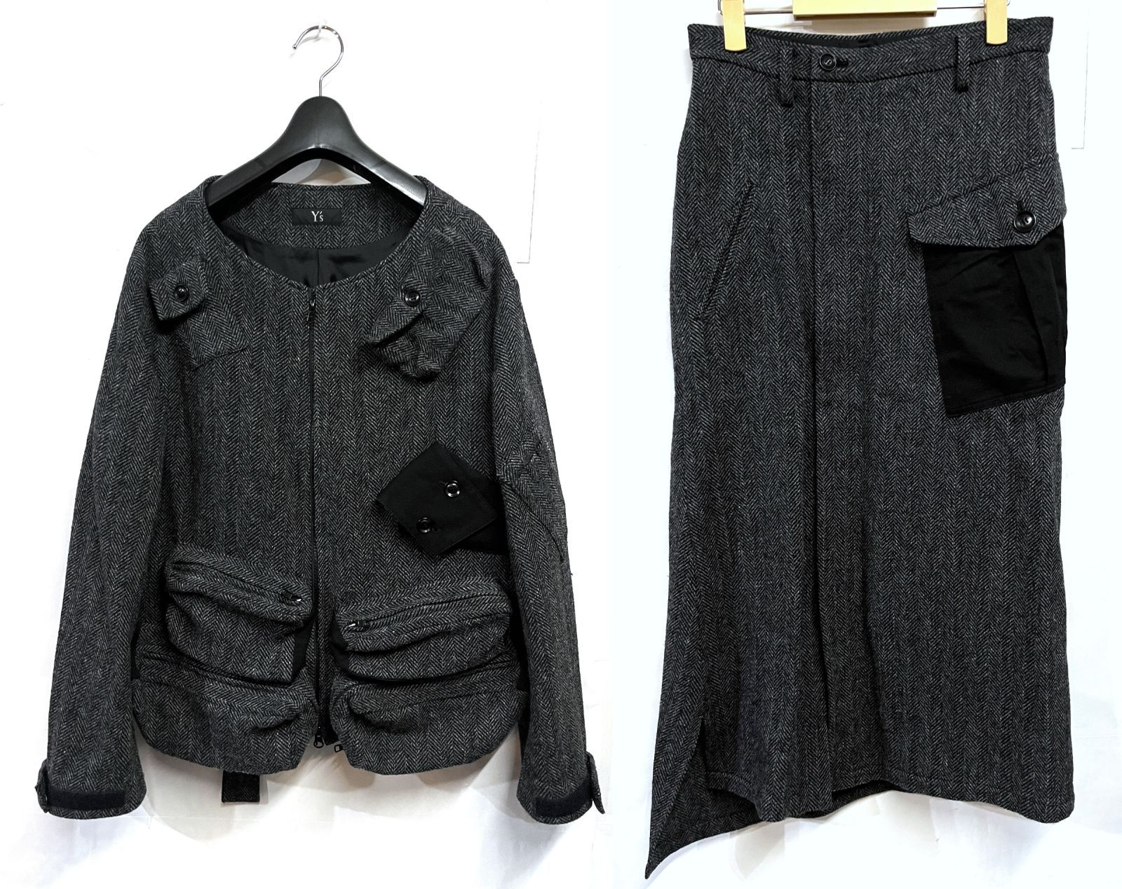 Yohji Yamamoto Y s ヨウジヤマモト ワイズ WOOL HERRINGBONE MULTI POCKET JACKET BACK YOKE SKIRT ウールヘリンボーン マルチポケットジャケット スカート セットアップ
