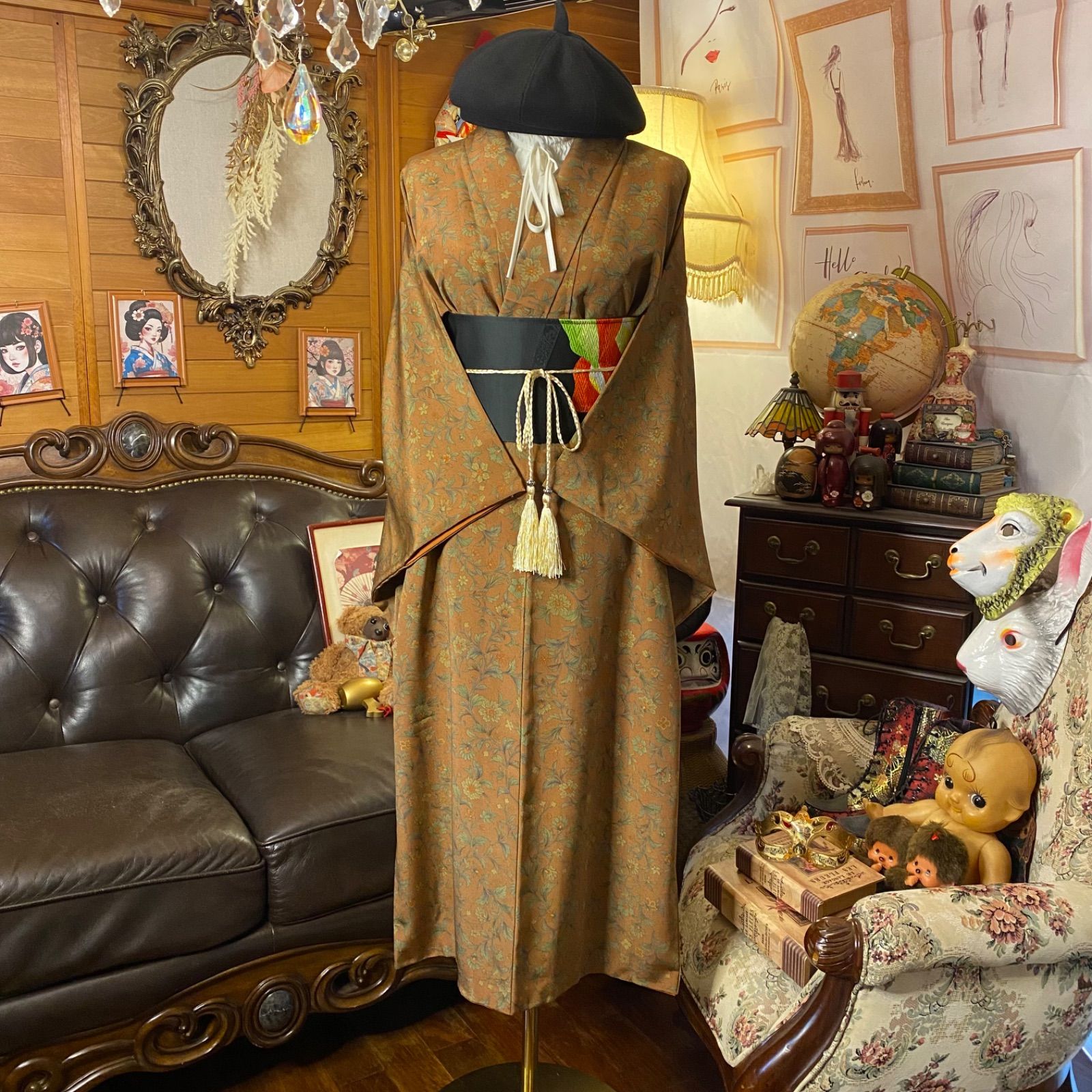 着物リメイク セミロングワンピース ドレス 洗える 化繊 名古屋帯サッシュベルト 和洋折衷 レトロ 古着 ハンドメイド テラコッタ 古典花紋 KW-1185