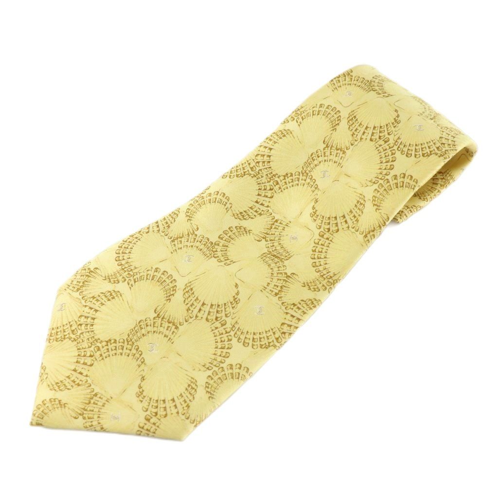 シャネル CHANEL ネクタイ 絹 シルク ワイドタイ ココマーク 総柄 黄色