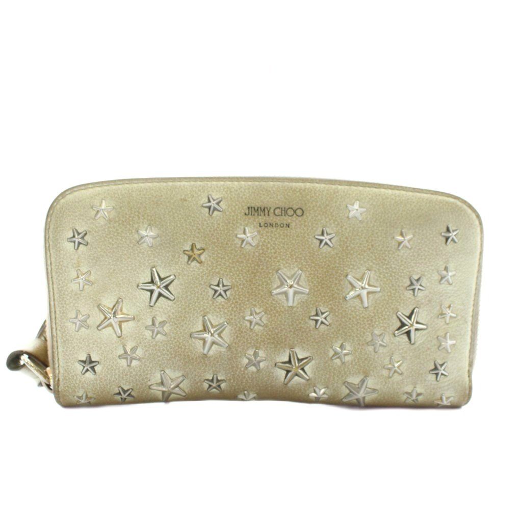 【中古】JIMMY CHOO フィリッパ 長財布 レザー ラウンドファスナー 星 スター スタッズ 総柄 ロゴ ゴールド色 ジミーチュウ JIMMY CHOO フィリッパ 長財布 レザー ラウンド