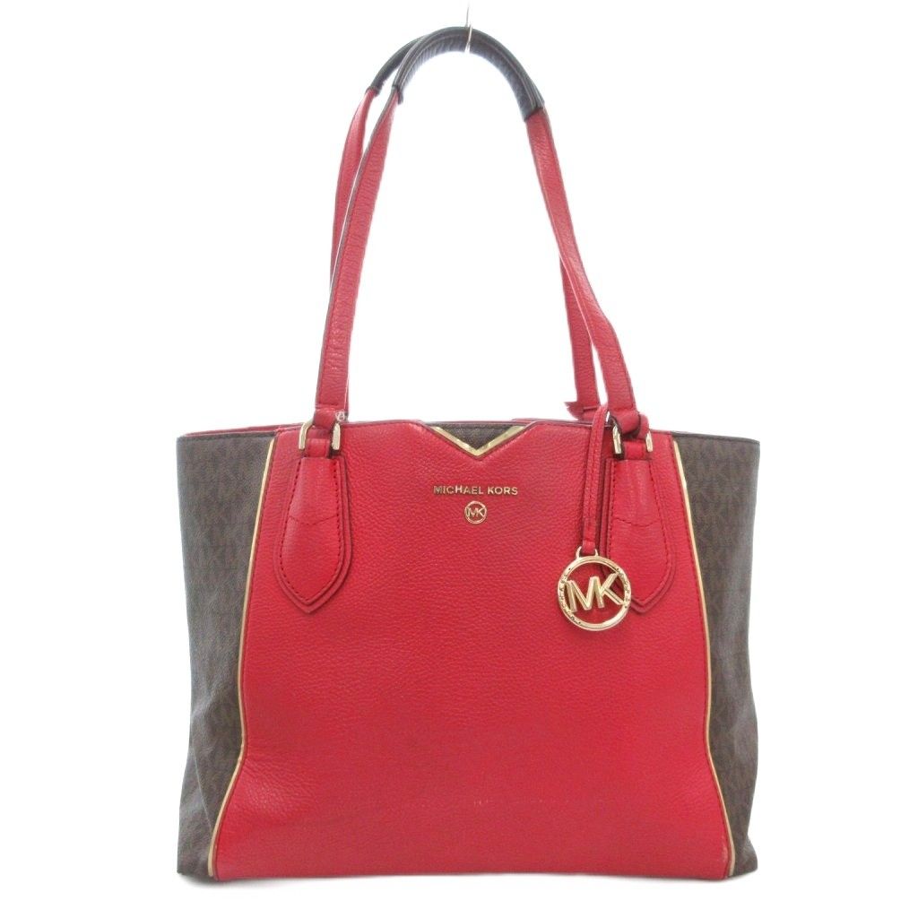 【中古】マイケルコース MICHAEL KORS トートバッグ シグネチャー ロゴ 総柄 PVC レザー 赤 レッド 茶 ブラウン /AE マイケルコース MICHAEL KORS トートバッグ シグネチャー ロゴ 総柄