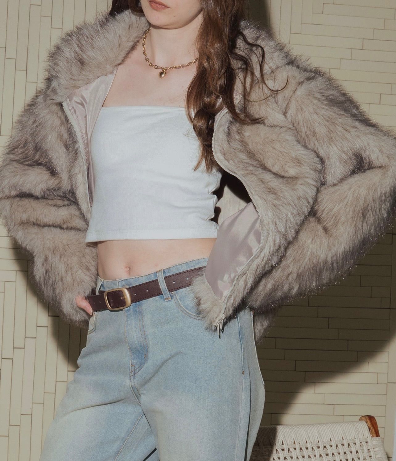 フェイクファーダブルジップジャケット ベージュ系 Mili affinity ミリアフィニティー アウター ジャンパー ブルゾン レディース