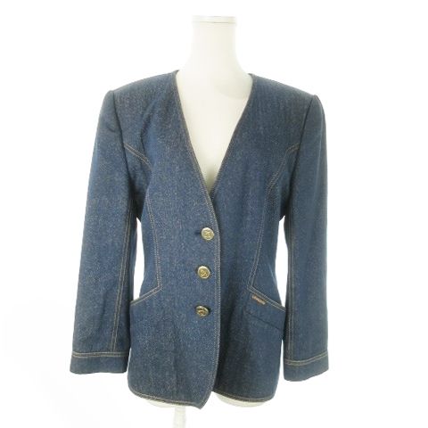 ☆超美品☆LEONARD レオナール ジャケット ベージュ 9AR レオナール✨ジャケット ニット 9号 金ボタン プリントトリム 三共生興