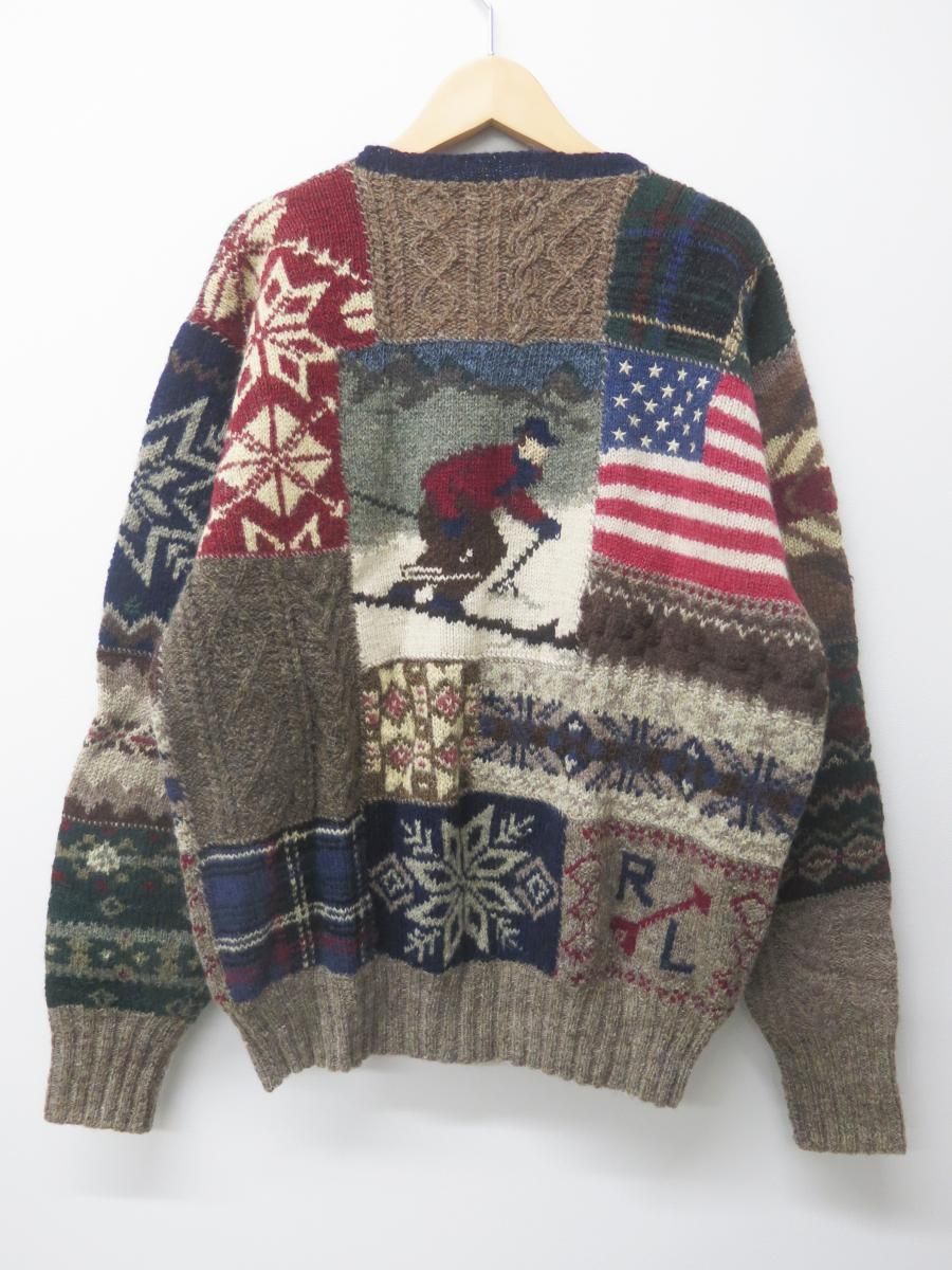 2090 POLO RALPH LAUREN ポロラルフローレン 90 s 両面パッチワーク ニット スキー 星条旗柄 L