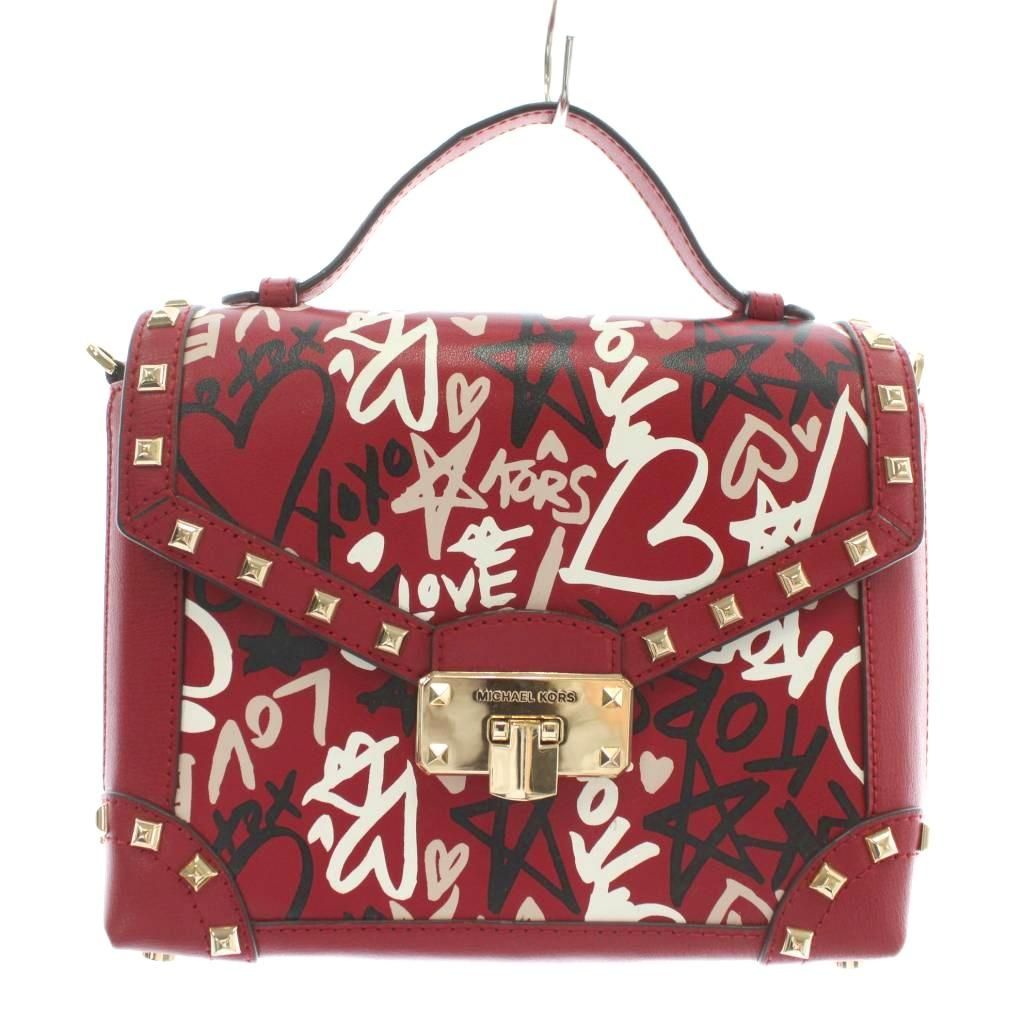 【中古】MICHAEL KORS ハンドバッグ ショルダー 2WAY レザー ハンドペイント スタッズ 総柄 ロゴ 赤 35H9GGFS1R マイケルコース MICHAEL KORS ハンドバッグ ショルダー 2WAY レザー
