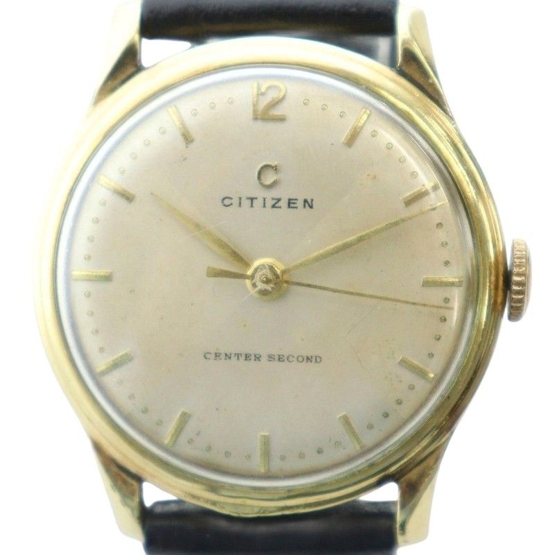 シチズン CITIZEN 1410 CENTER SECOND センター セコンド Cマーク 腕時計 ヴィンテージ アンティーク ウォッチ 手巻き レザーベルト 14KGF 40MC ゴールドカラー 金色 ■GY11 /MQ