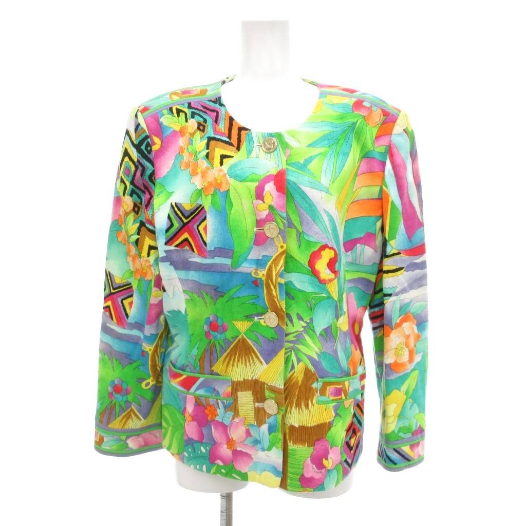 【中古】レオナール ヴィンテージ セットアップ ノーカラージャケット ミディスカート 麻 リネン トロピカル柄 9AR レオナール LEONARD ヴィンテージ セットアップ ノーカラージャケット