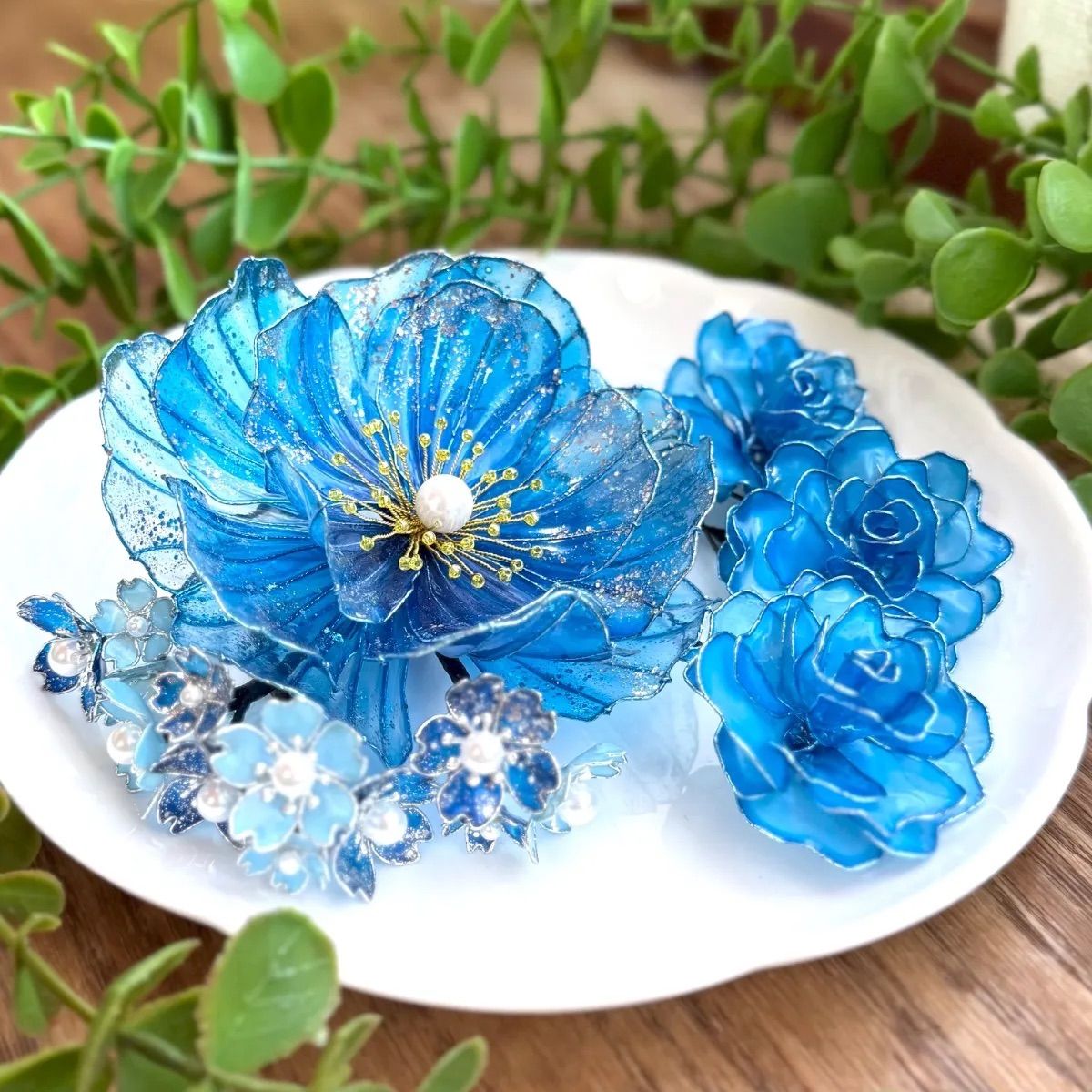 青い花々の髪飾り ＊牡丹 ＊薔薇 ＊桜 ＊アメリカンフラワー ＊ディップ