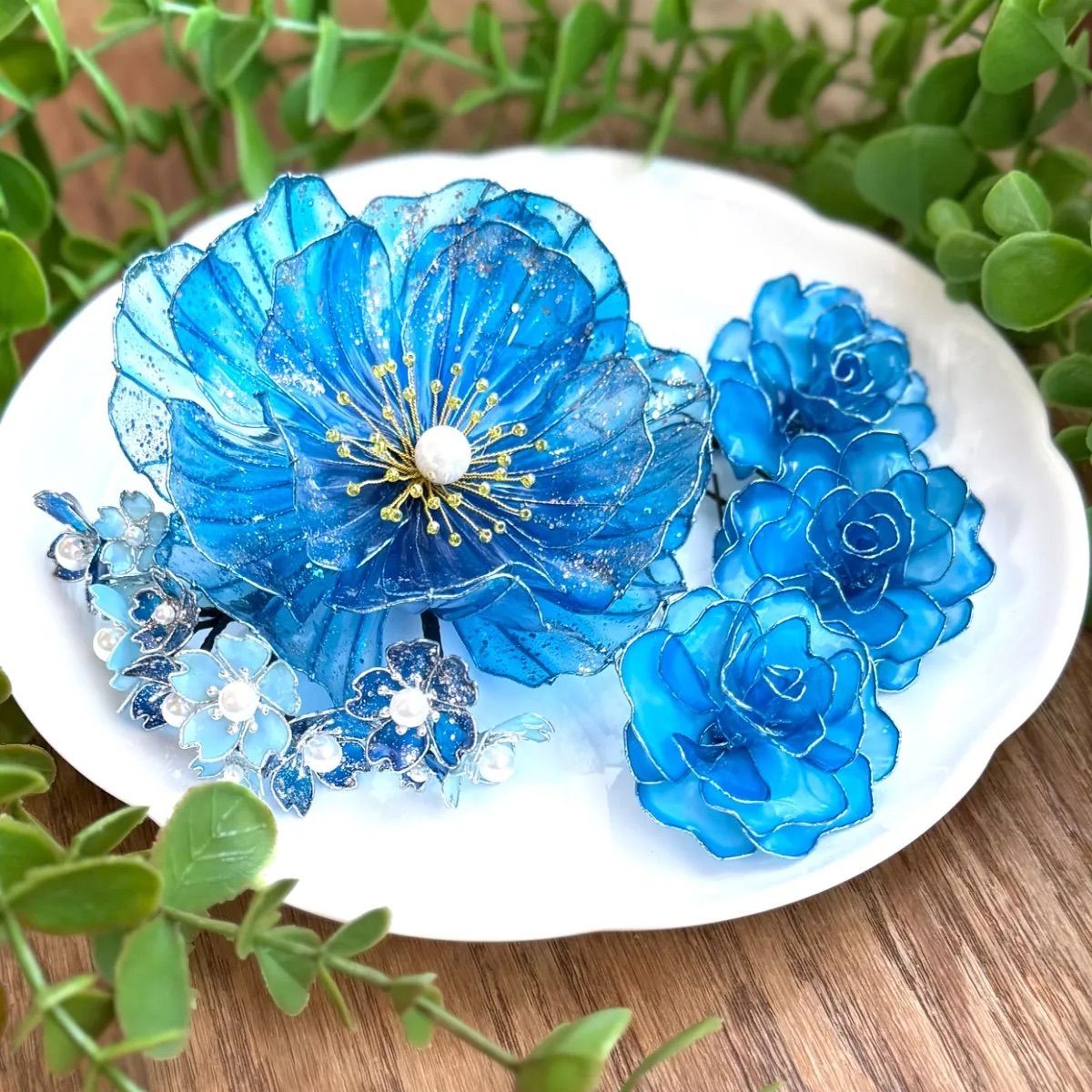 青い花々の髪飾り ＊牡丹 ＊薔薇 ＊桜 ＊アメリカンフラワー