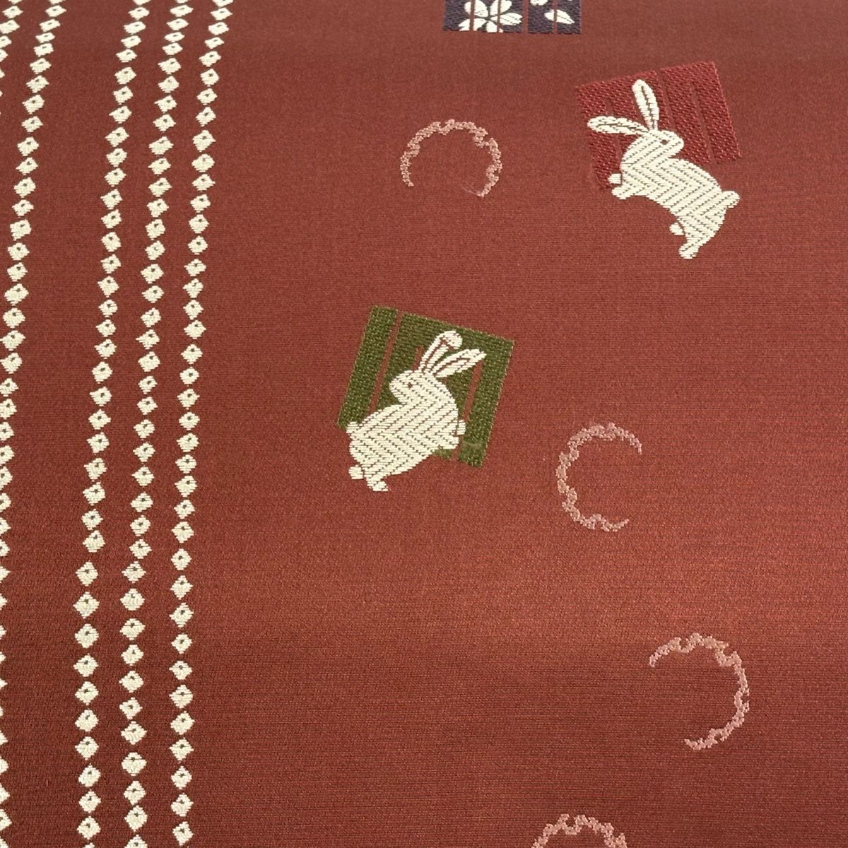 名古屋帯 うさぎ 源氏香 刺繍 赤 正絹