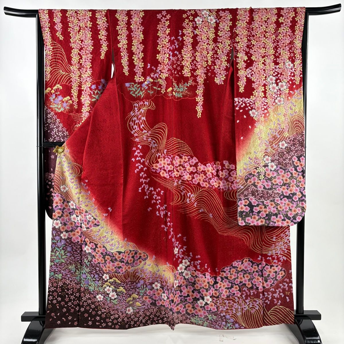 美品】 振袖 身丈163cm 裄丈66cm M 袷 桜 流水 銀通し 販売済み 絞り