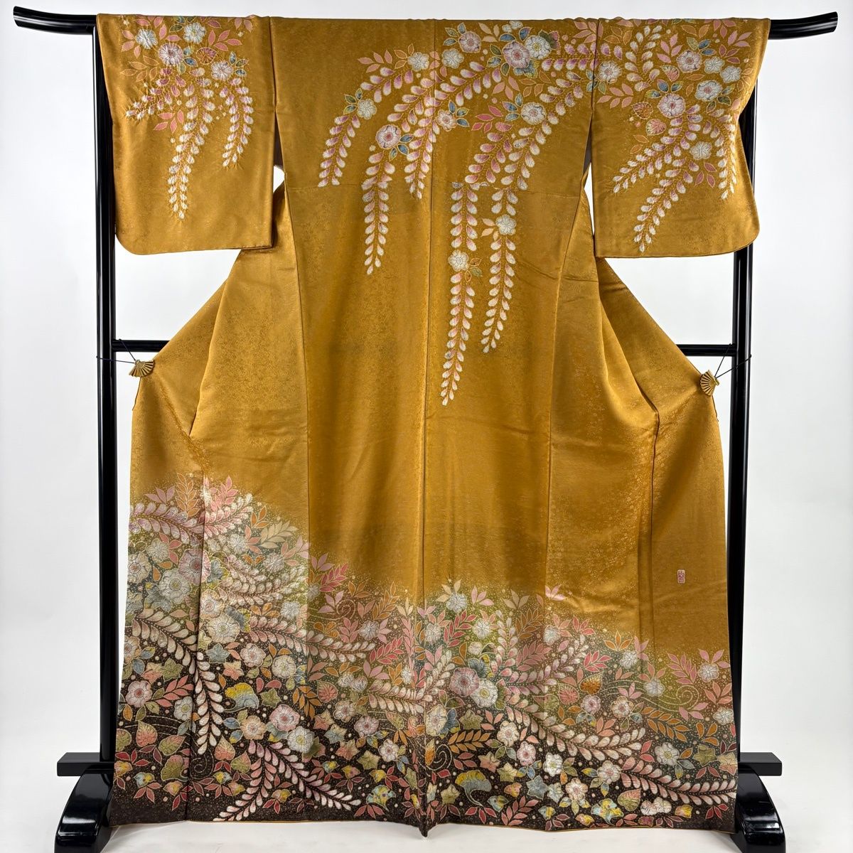 訪問着 身丈170cm 裄丈68cm L 袷 翠山工房 落款 辻が花 金通し ぼかし 山吹茶色 正絹 名品 【】