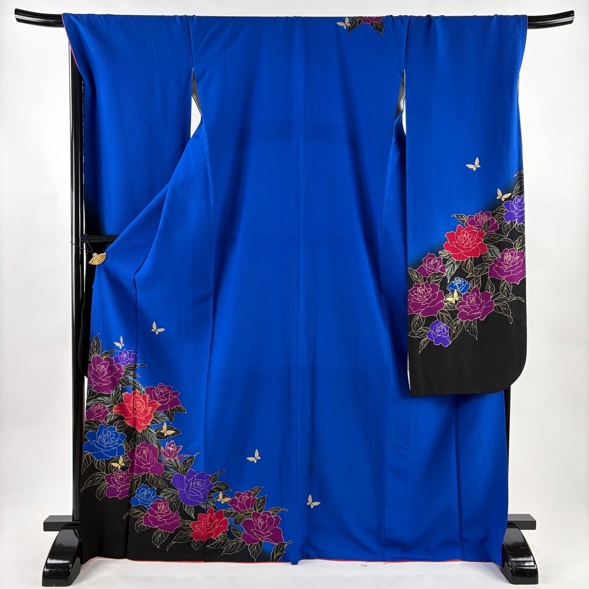 振袖 身丈170cm 裄丈70cm L 袷 薔薇 蝶 金彩 金通し 青 正絹 名品