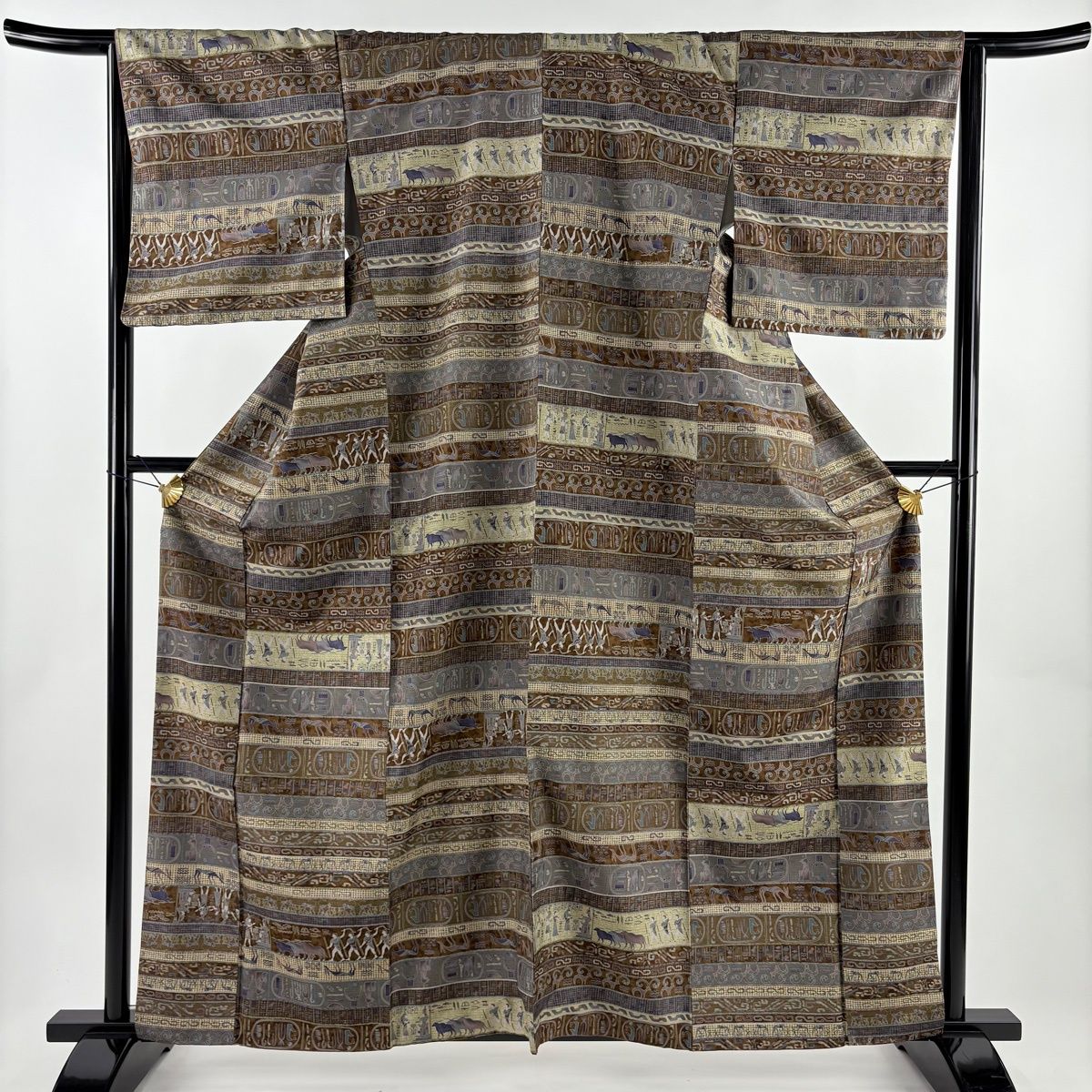 小紋 身丈160 cm 裄丈65.5 M 袷 大島紬地 証紙 コプト柄 段縞 茶色 正絹