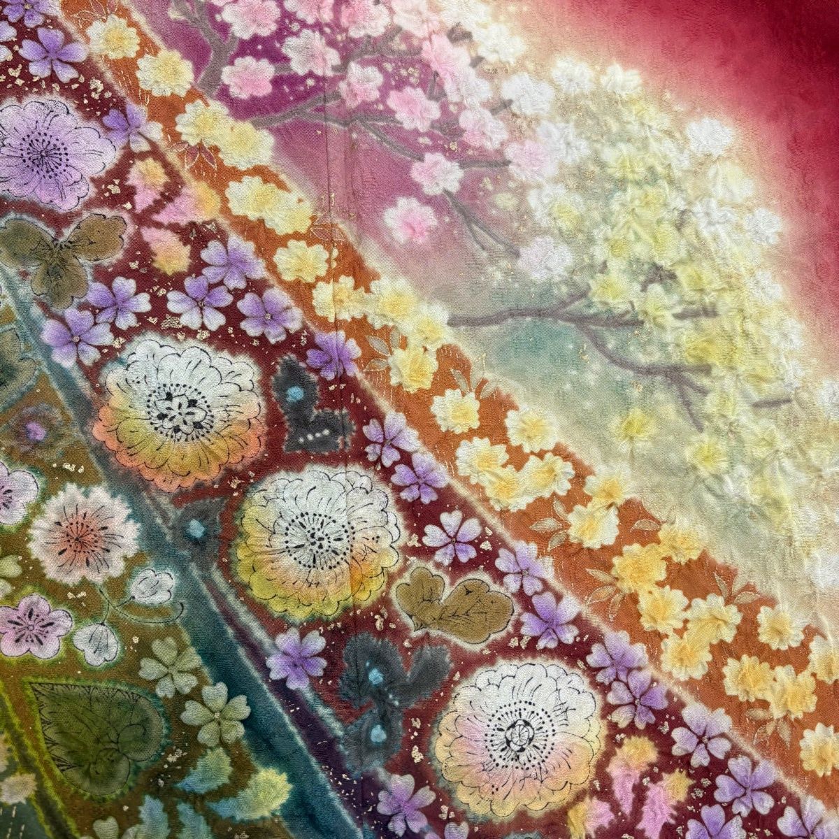 振袖 身丈160cm 裄丈65cm M 袷 辻が花柄 枝花 金彩 ぼかし オファー 赤