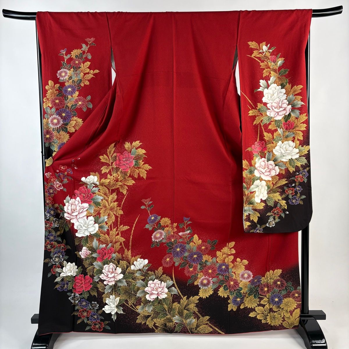 【美品】 振袖 身丈168cm 裄丈67cm M 袷 牡丹 草花 金彩 染め分け 赤 正絹 名品 【】