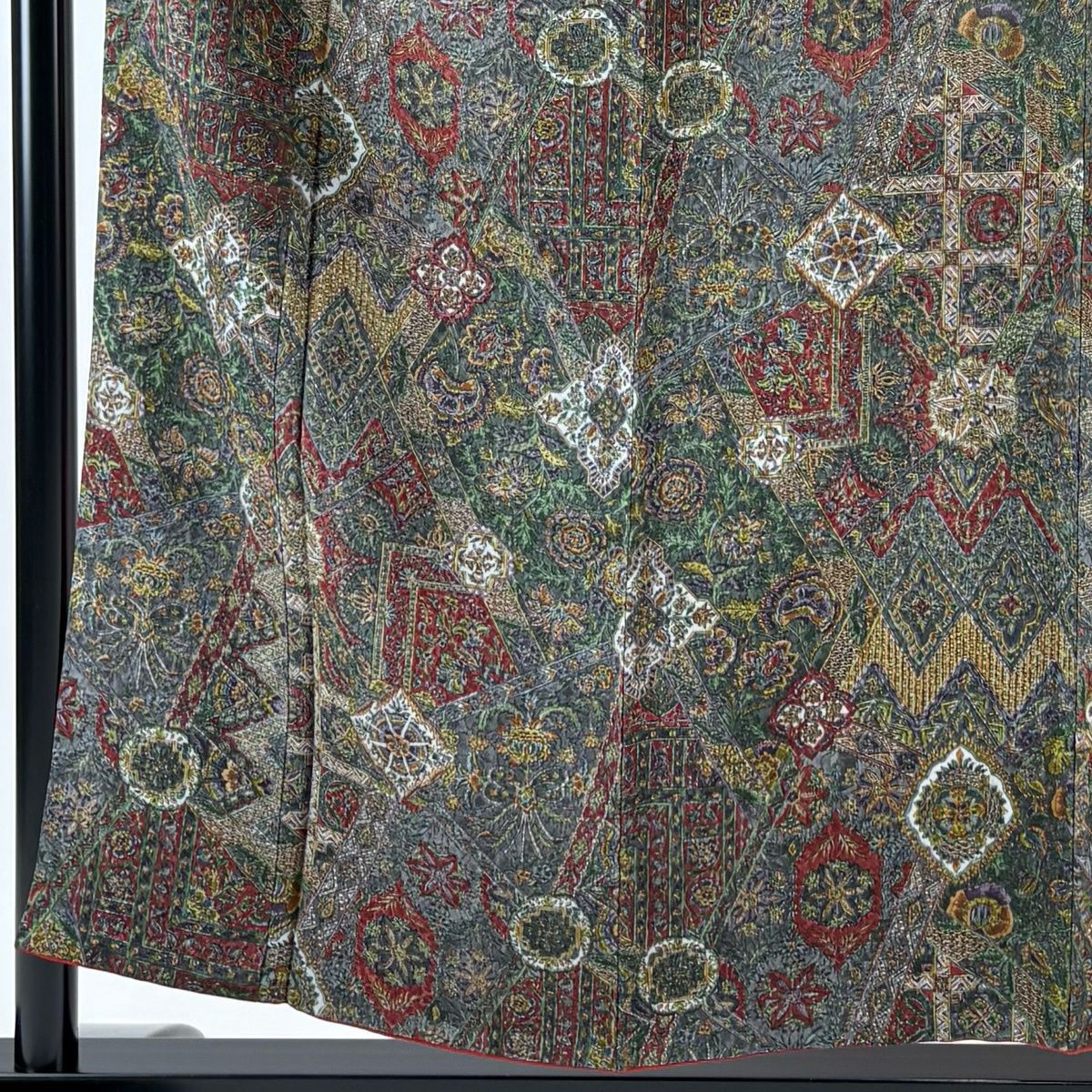 小紋 身丈156 cm 裄丈64.5 M 袷 更勝 やまと 落款 更紗 縮緬 緑 正絹 秀品