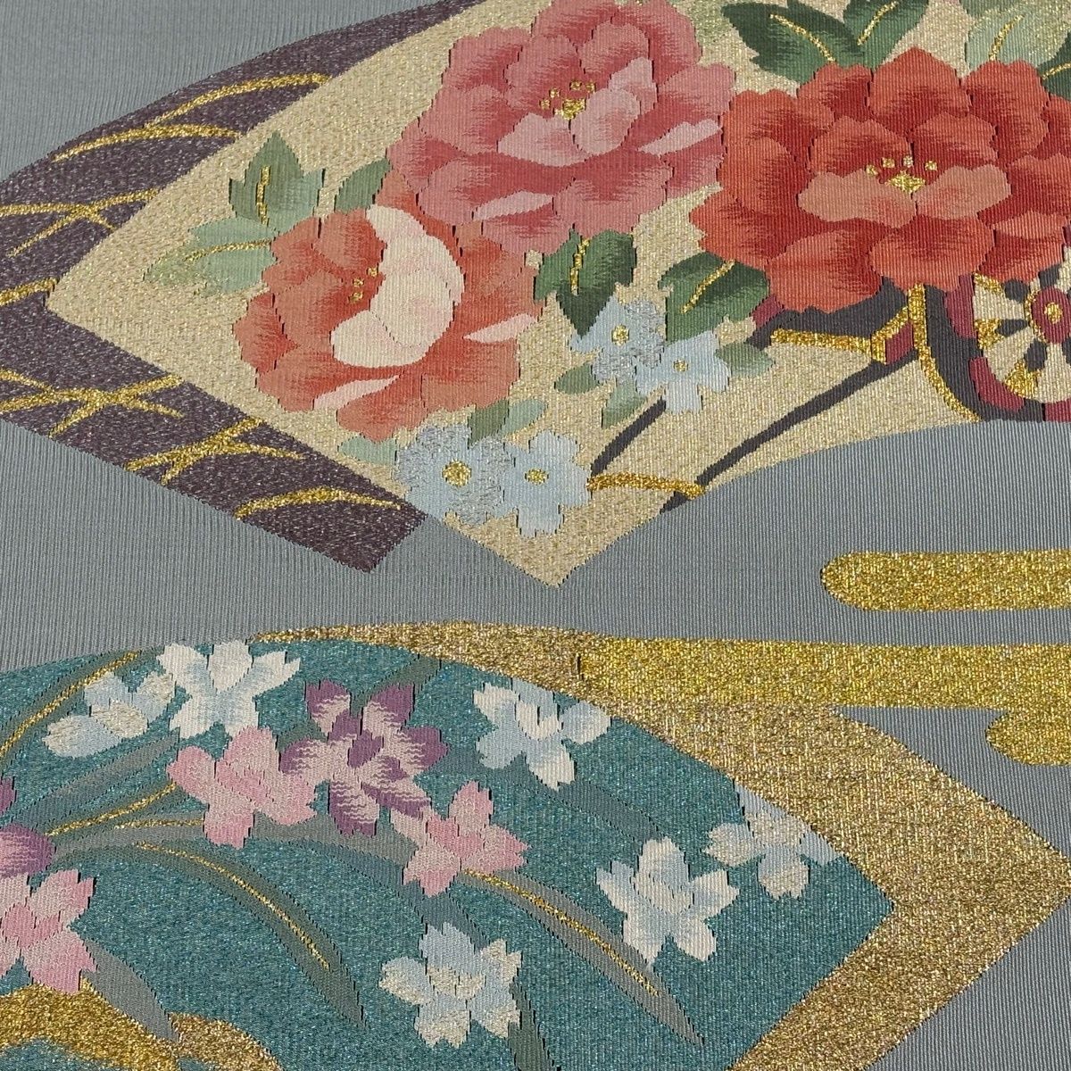 名古屋帯 秀品 八寸名古屋帯 松葉仕立て 花車 扇面 金銀糸 青灰色 正絹