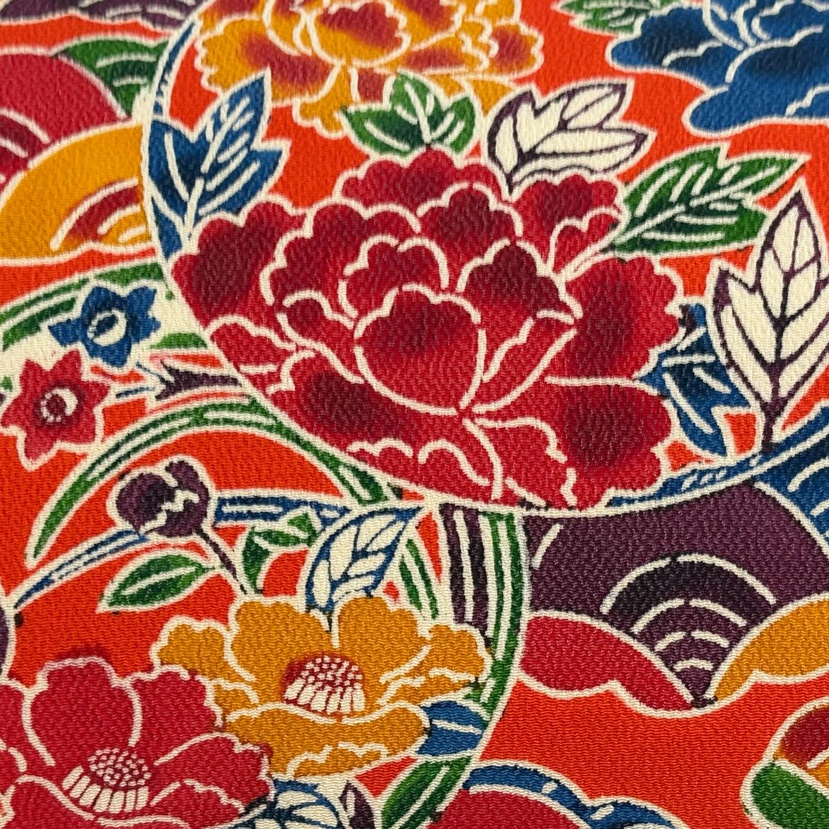 名古屋帯 秀品 花丸文 波 縮緬 朱色 正絹