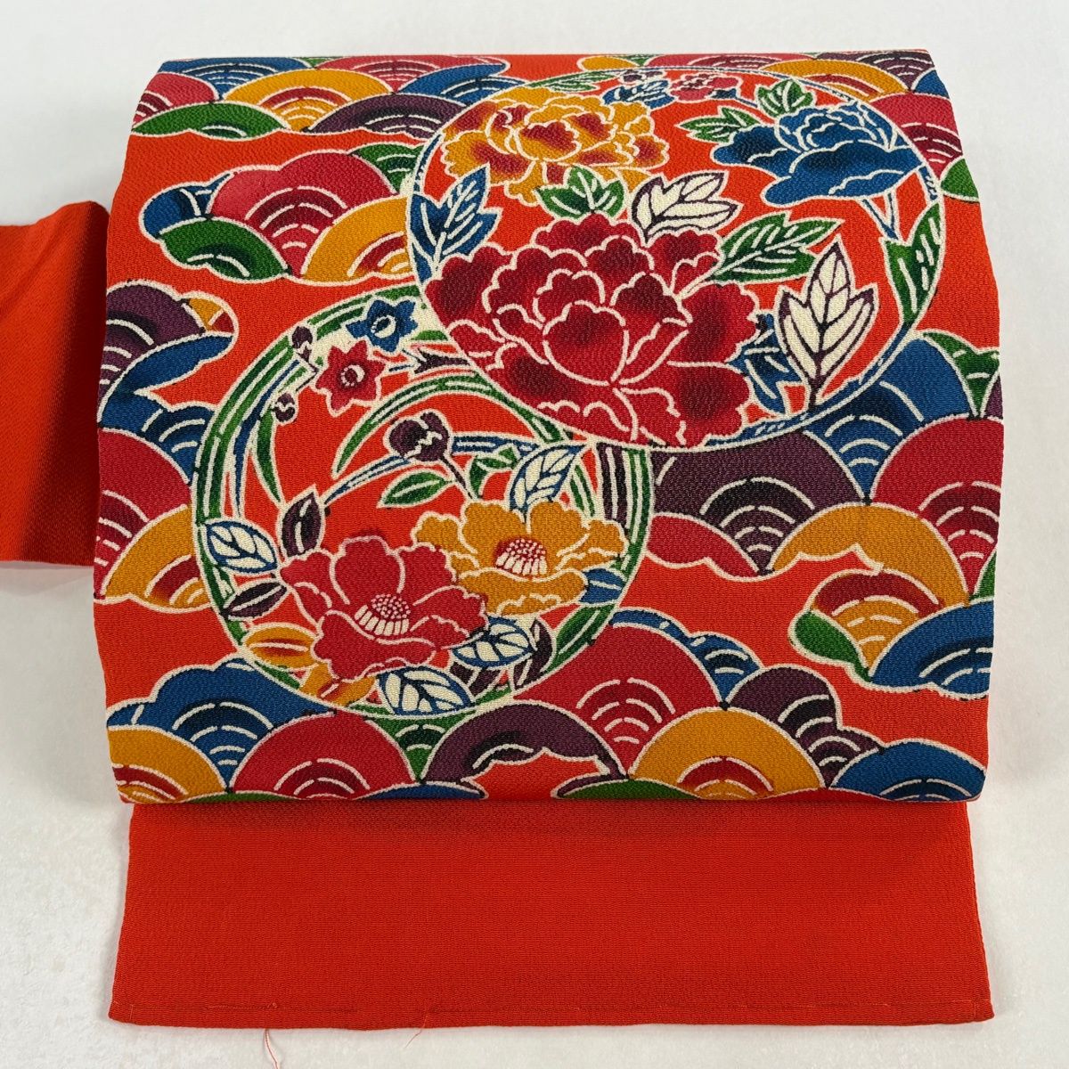 名古屋帯 秀品 花丸文 波 縮緬 朱色 正絹