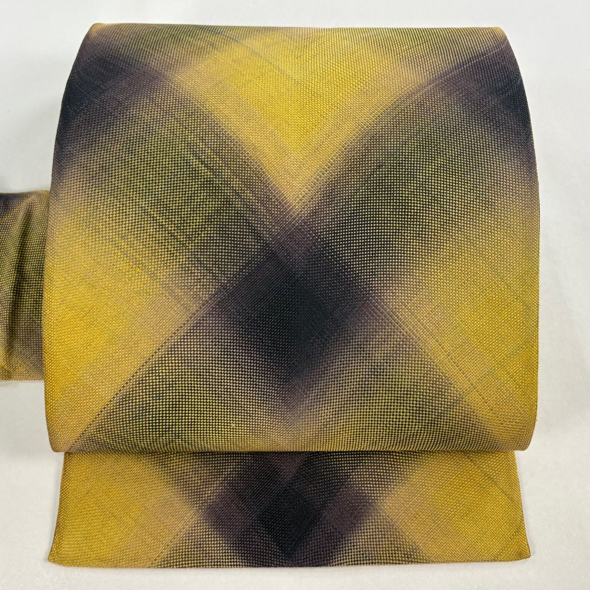 名古屋帯 秀品 斜め格子 黄土色 正絹