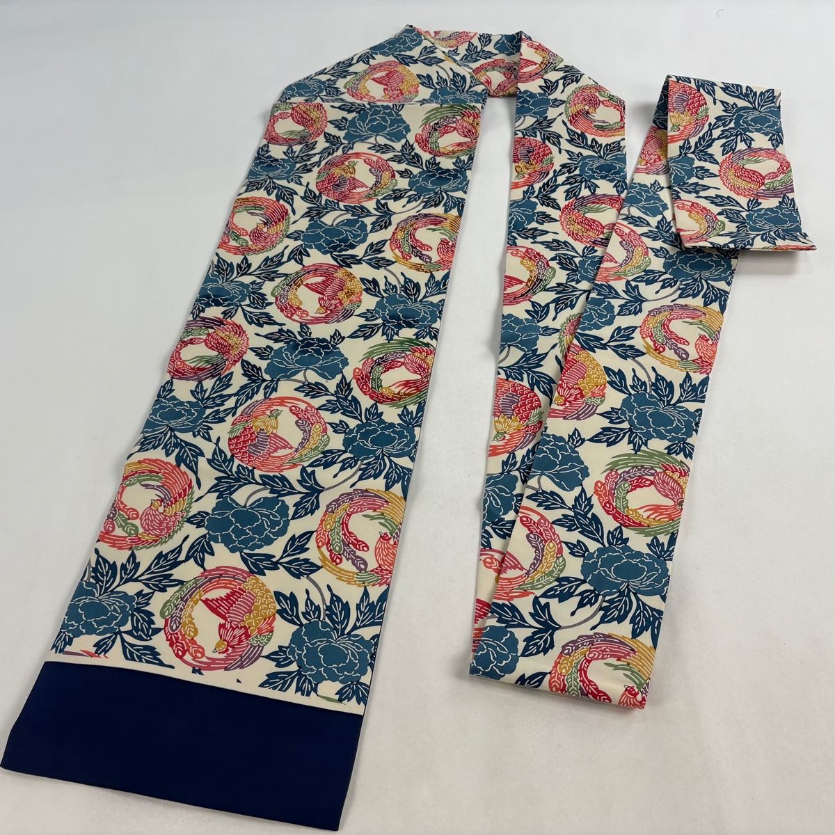  名古屋帯 秀品 鳥丸文 牡丹 クリーム 正絹 名古屋帯 帯