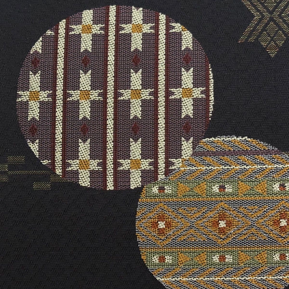 名古屋帯 秀品 丸文 幾何学模様 金糸 墨色 正絹