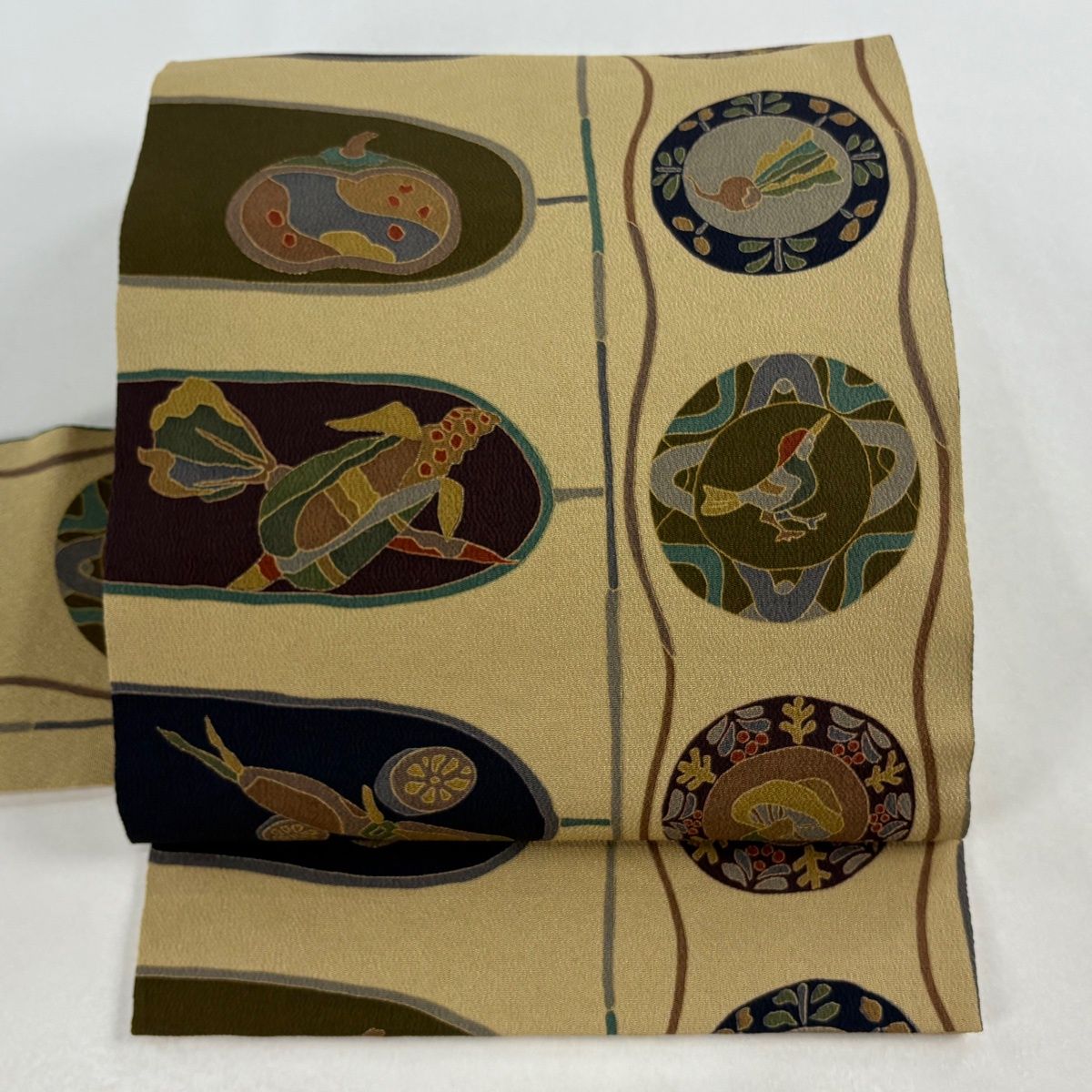 名古屋帯 秀品 生り物 鳥 金彩 縮緬 ベージュ 正絹