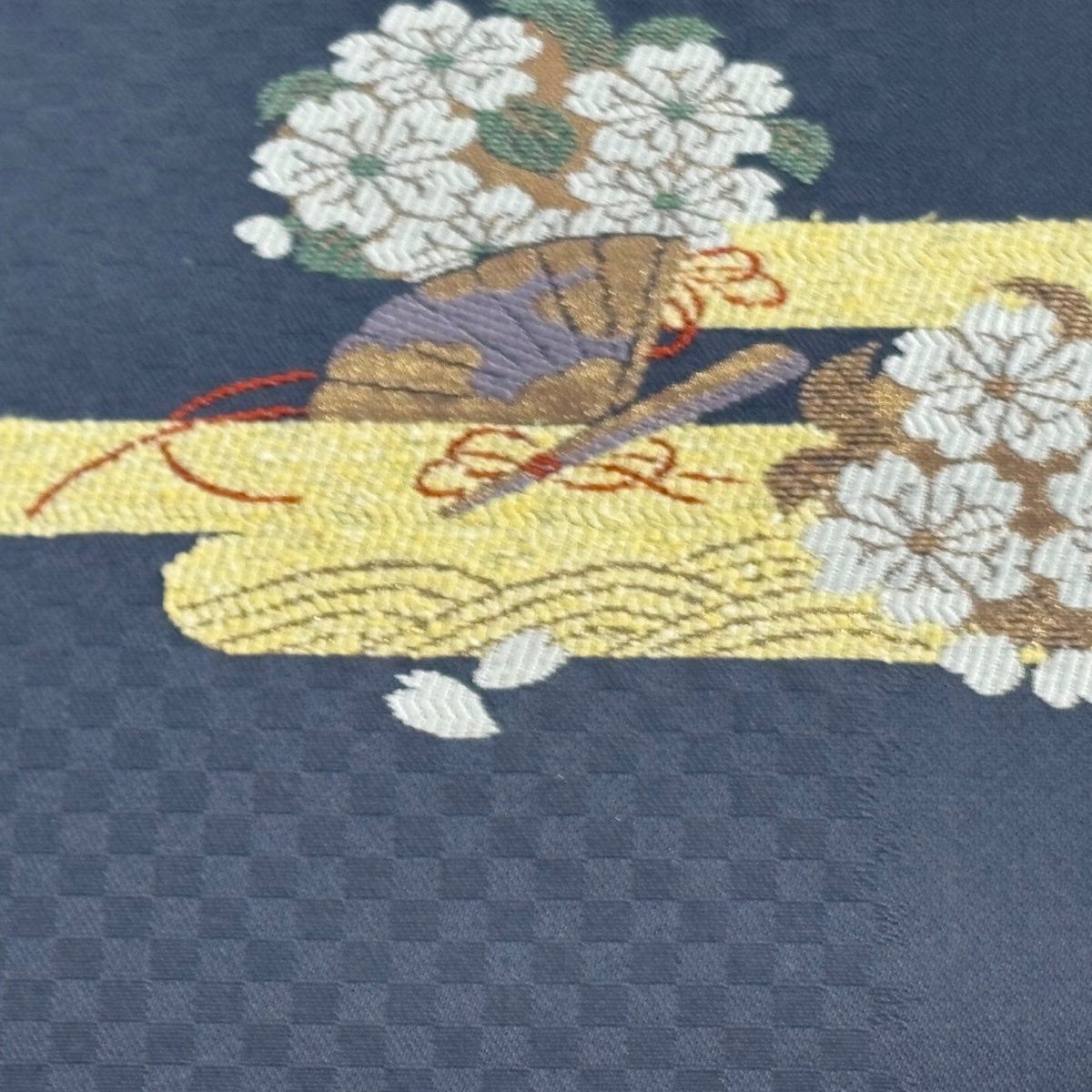 名古屋帯 秀品 桜 扇 箔 唐織 青灰色 正絹