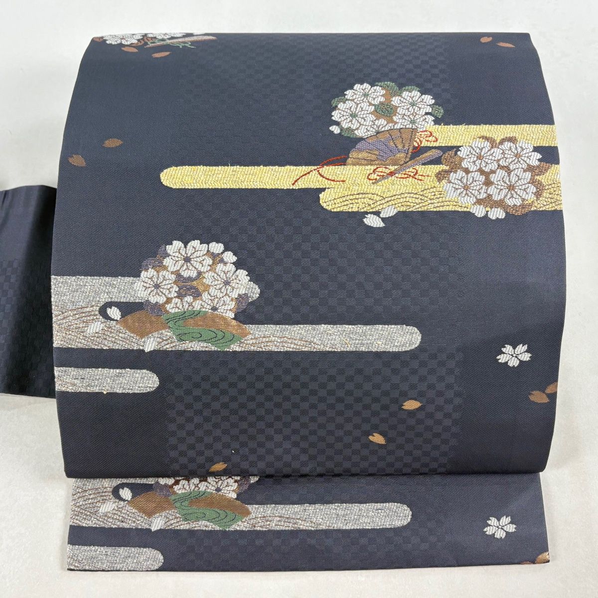 名古屋帯 秀品 桜 扇 箔 唐織 青灰色 正絹