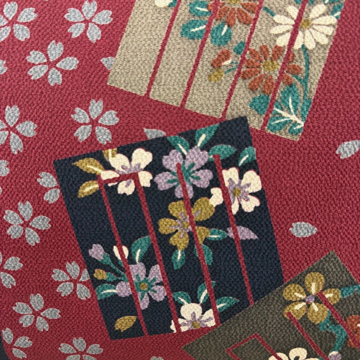 名古屋帯 秀品 源氏香 桜 縮緬 えんじ色 正絹