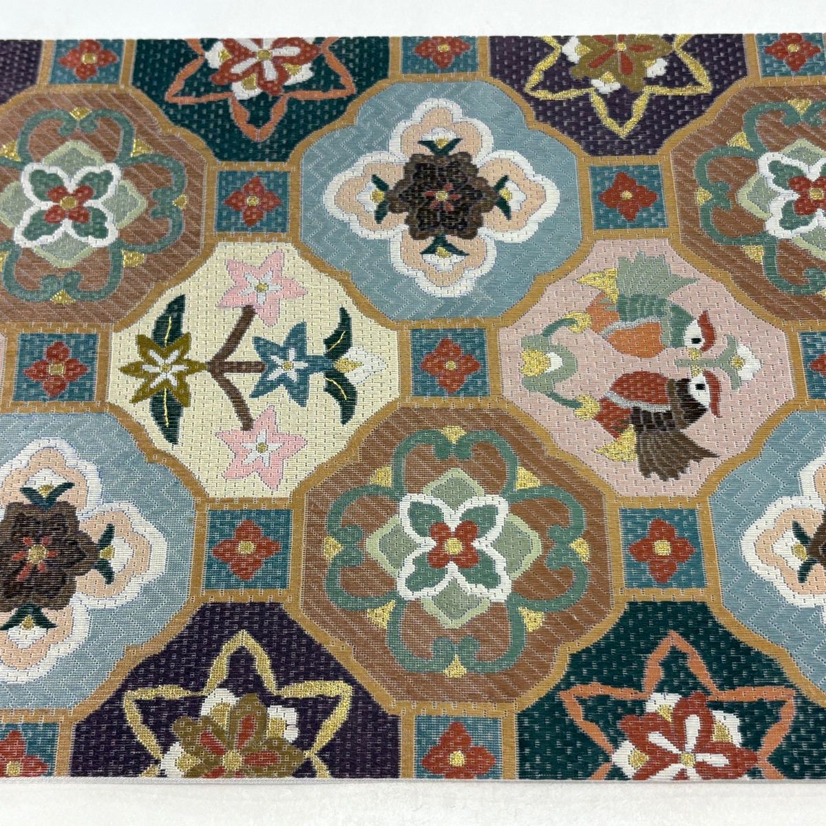 美品】 袋帯 逸品 蜀江華文 向かい鳥 刺繍 金糸 青灰色 全通 正絹