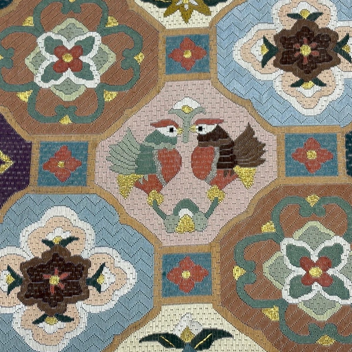 美品】 袋帯 逸品 蜀江華文 向かい鳥 刺繍 金糸 青灰色 全通 正絹