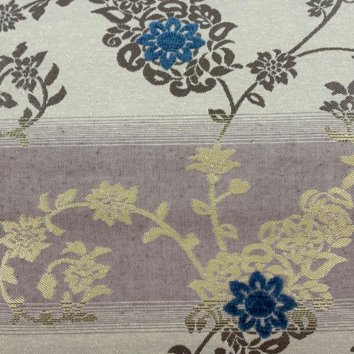 袋名古屋帯 想屋 花唐草 段縞 刺繍 灰紫 正絹