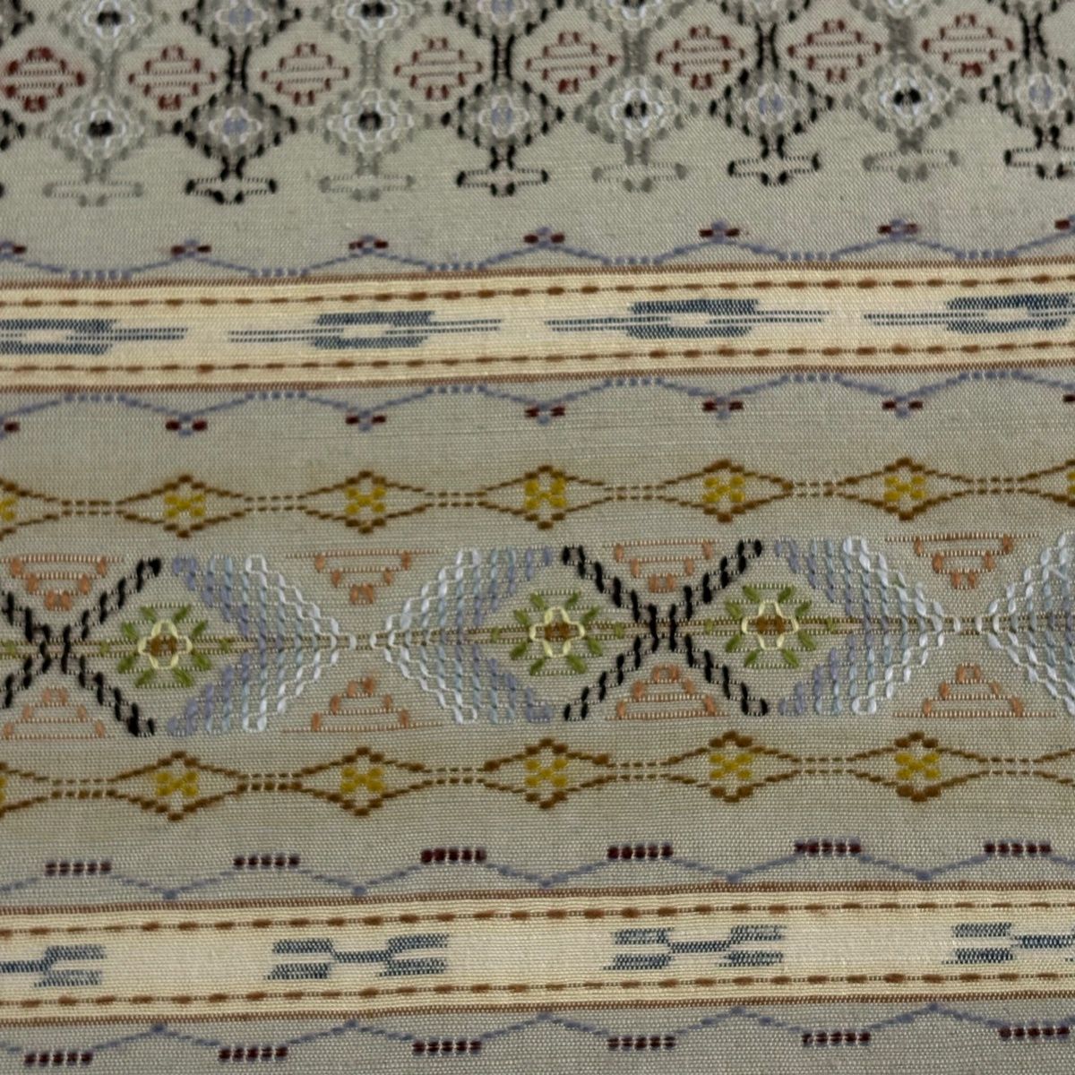 袋名古屋帯 紬地 菱 幾何学模様 刺繍 ベージュ 正絹