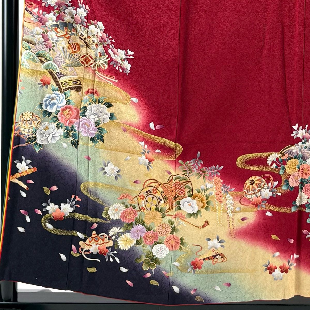 振袖 身丈157cm 裄丈65.5cm M 袷 檜扇 和楽器 金彩 刺繍 赤 正絹 秀品