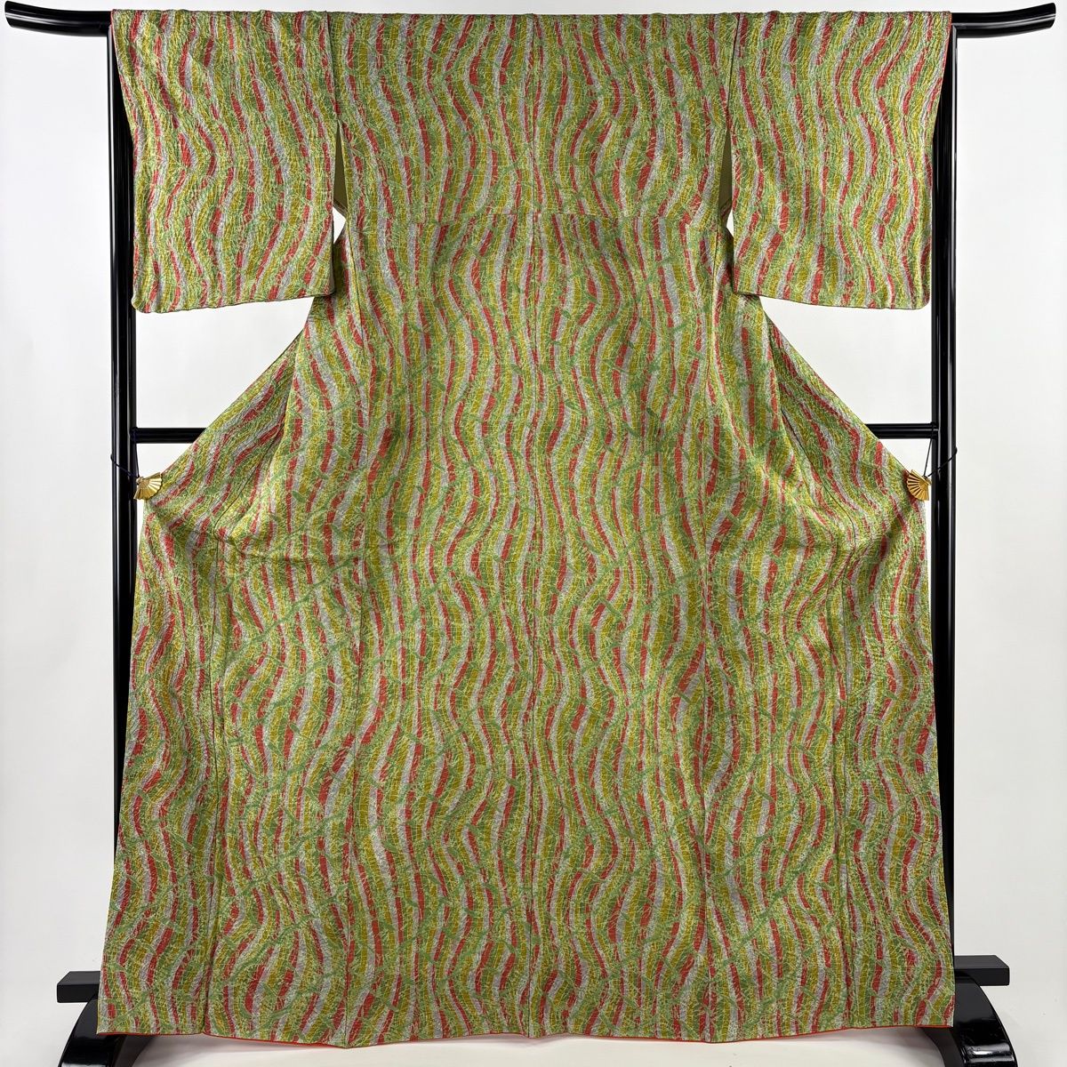 小紋 身丈168 cm 裄丈65 5 M 袷 よろけ縞 幾何学模様 絞り 黄緑色 正絹 秀品