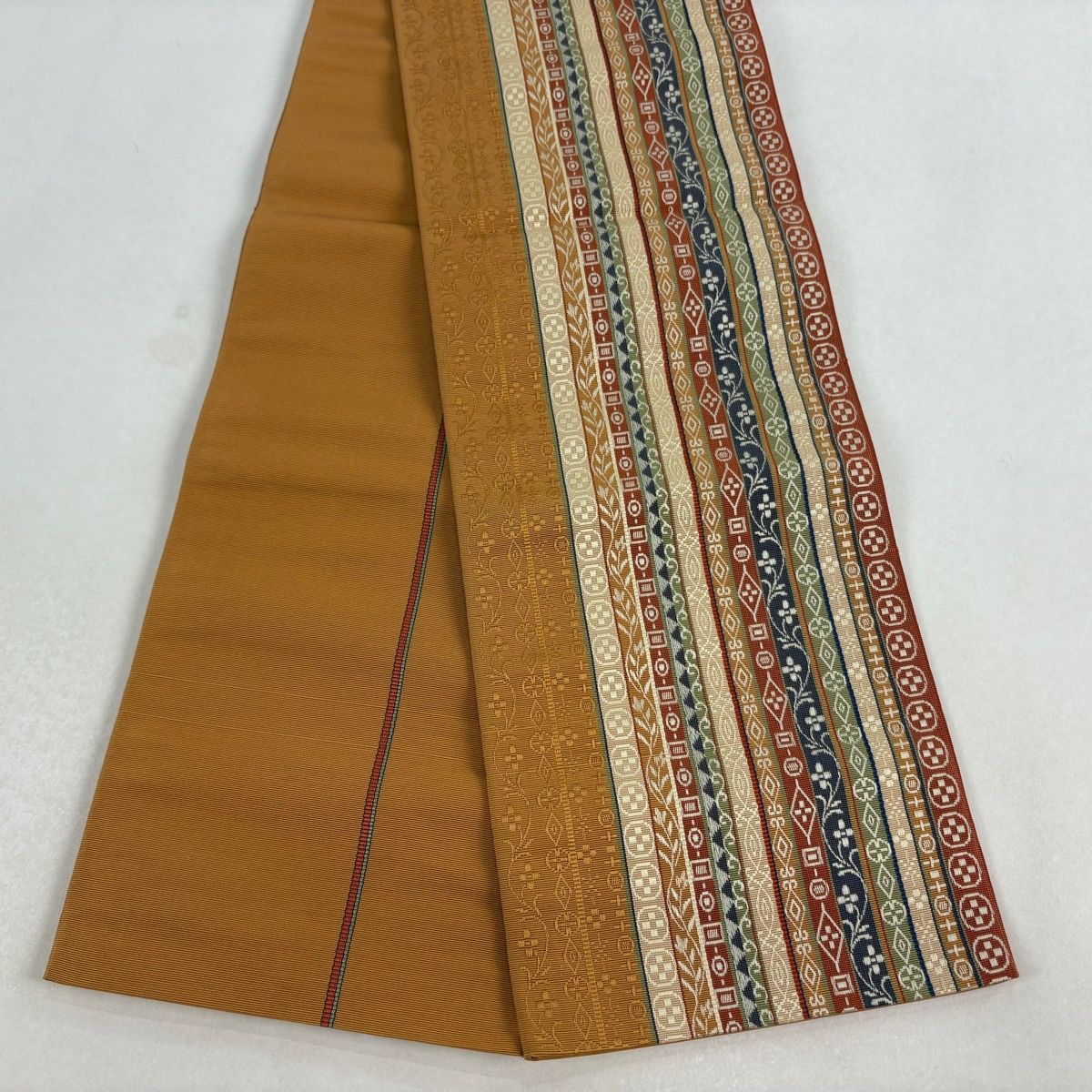 半幅帯 博多織 証紙 花唐草 縞 茶色 正絹