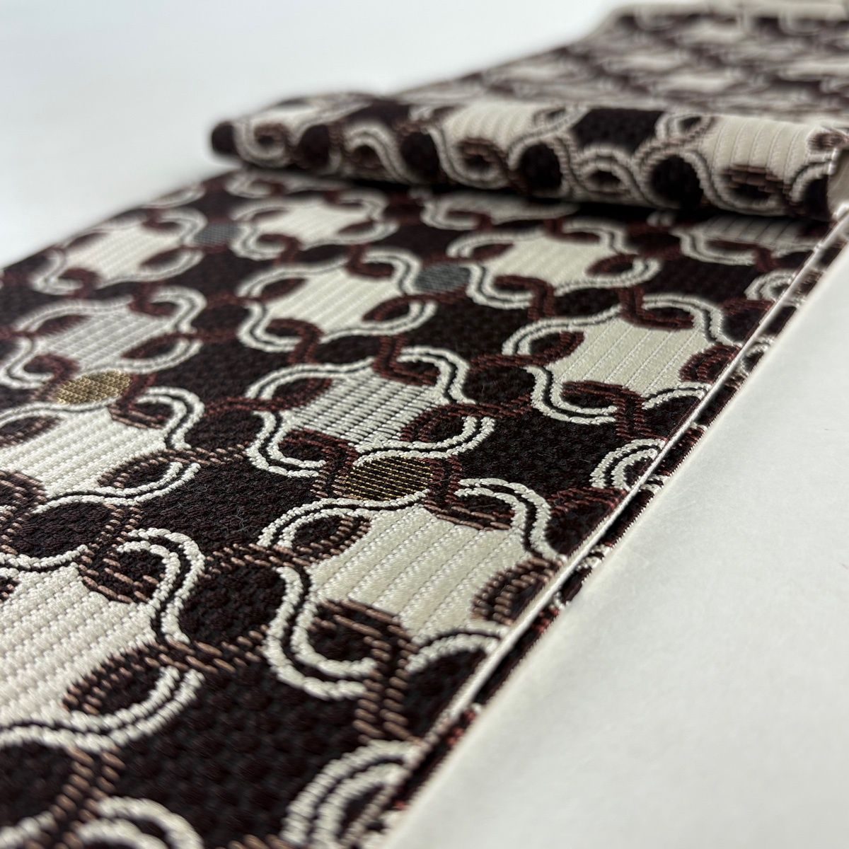  半幅帯 花唐草 縞 箔 薄茶色 正絹 半巾 半幅 小袋帯 帯