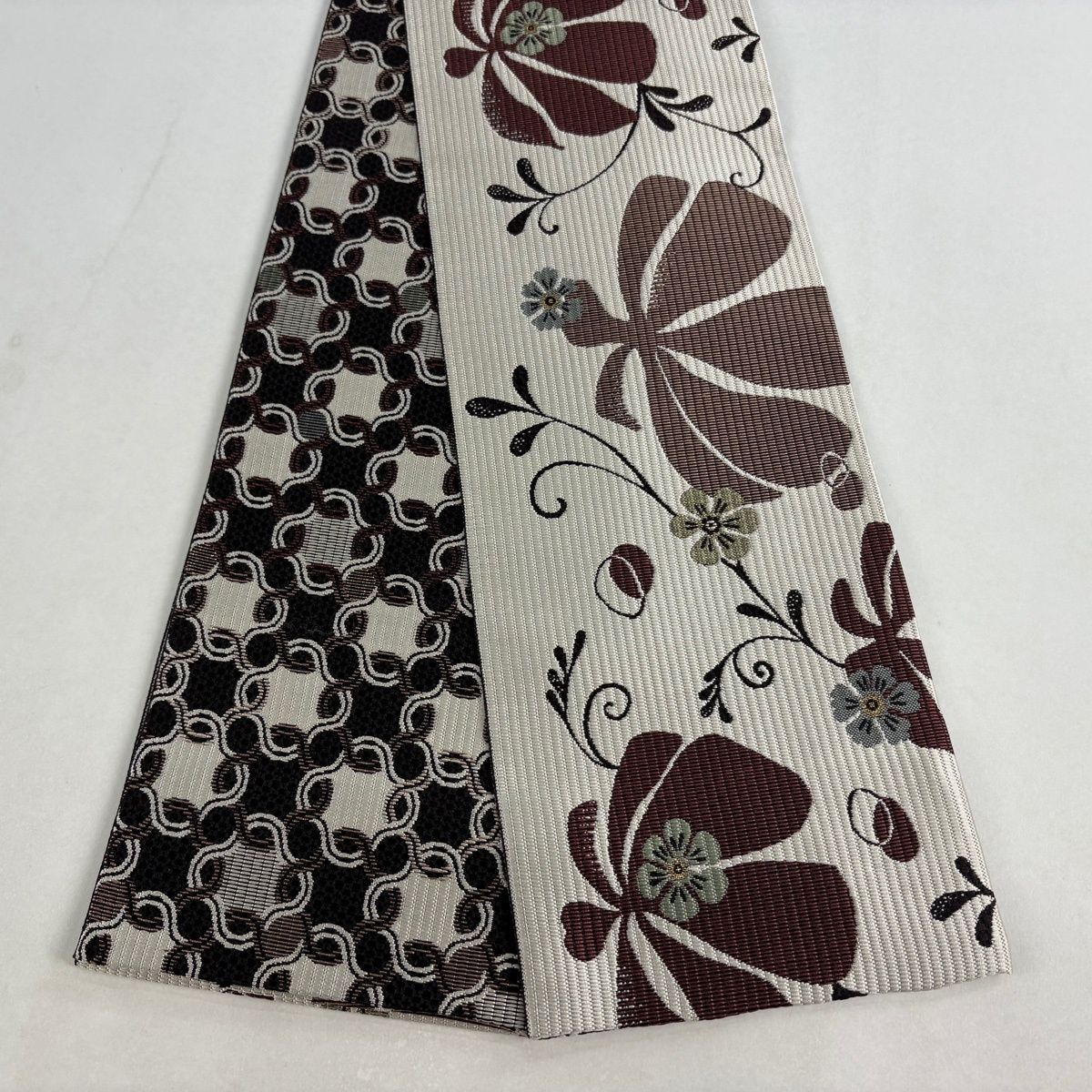 半幅帯 花唐草 縞 箔 薄茶色 正絹