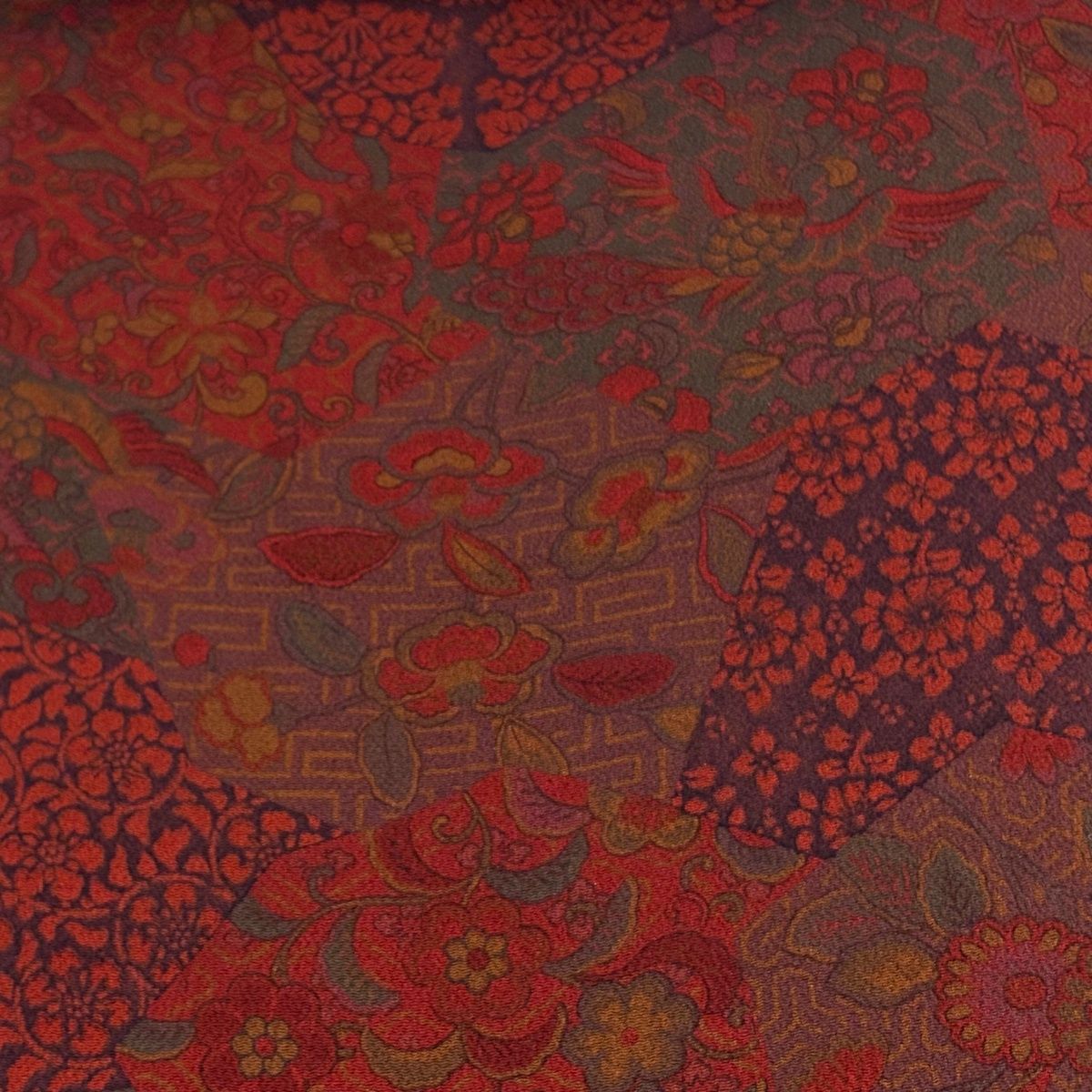 反物 秀品 小紋 天山更紗 鳥 縮緬 小豆色 正絹