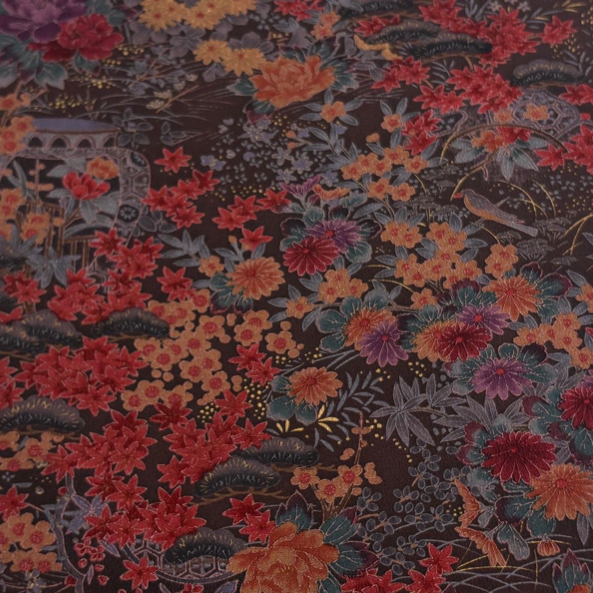 反物 秀品 小紋 花鳥 松梅 金彩 縮緬 焦茶色 正絹