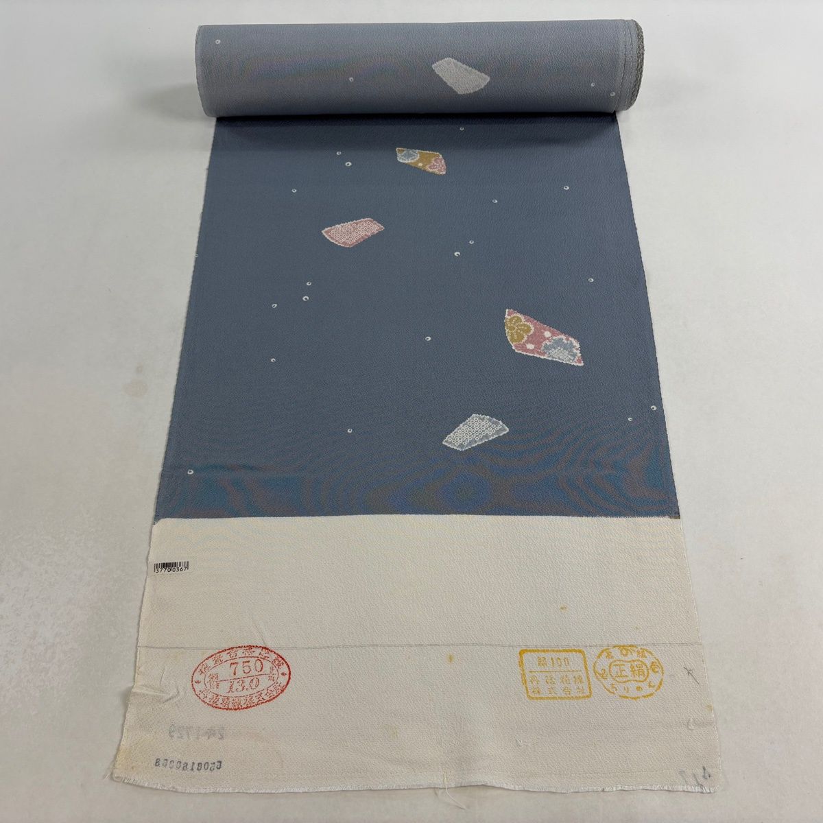 反物 秀品 小紋 梅 鹿の子柄 青灰色 正絹