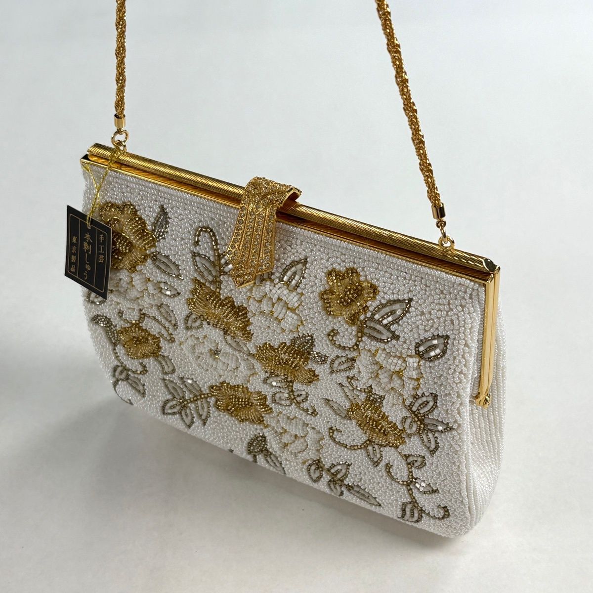 和装バッグ 優品 ビーズバッグ フォーマル 花唐草 白 ビーズ 和装小物