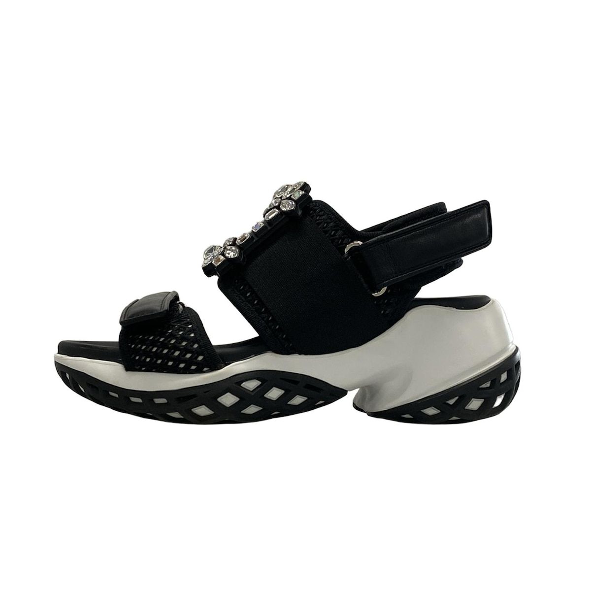 RogerVivier ロジェヴィヴィエ サンダル 36 レディース ヴィヴ ラン ストラス バックル 黒×白 ビジュー レザー