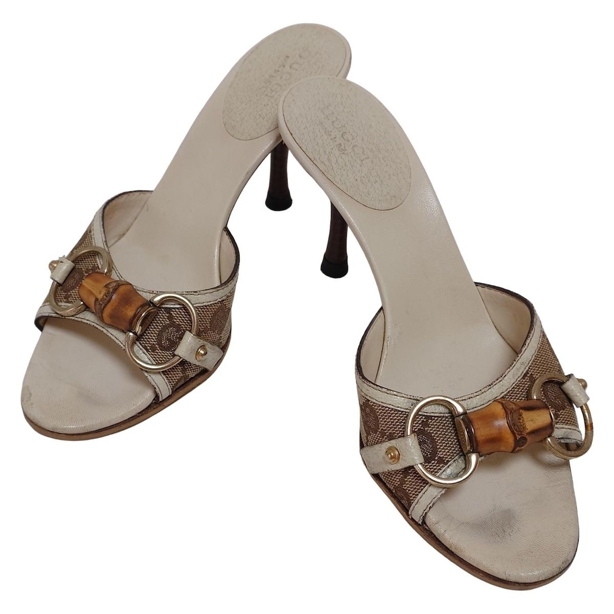 GUCCI グッチ ミュール 34 C レディース バンブー ホースビット GG柄 138713 ベージュ×ブラウン×アイボリー アウトソール張替済 レザー